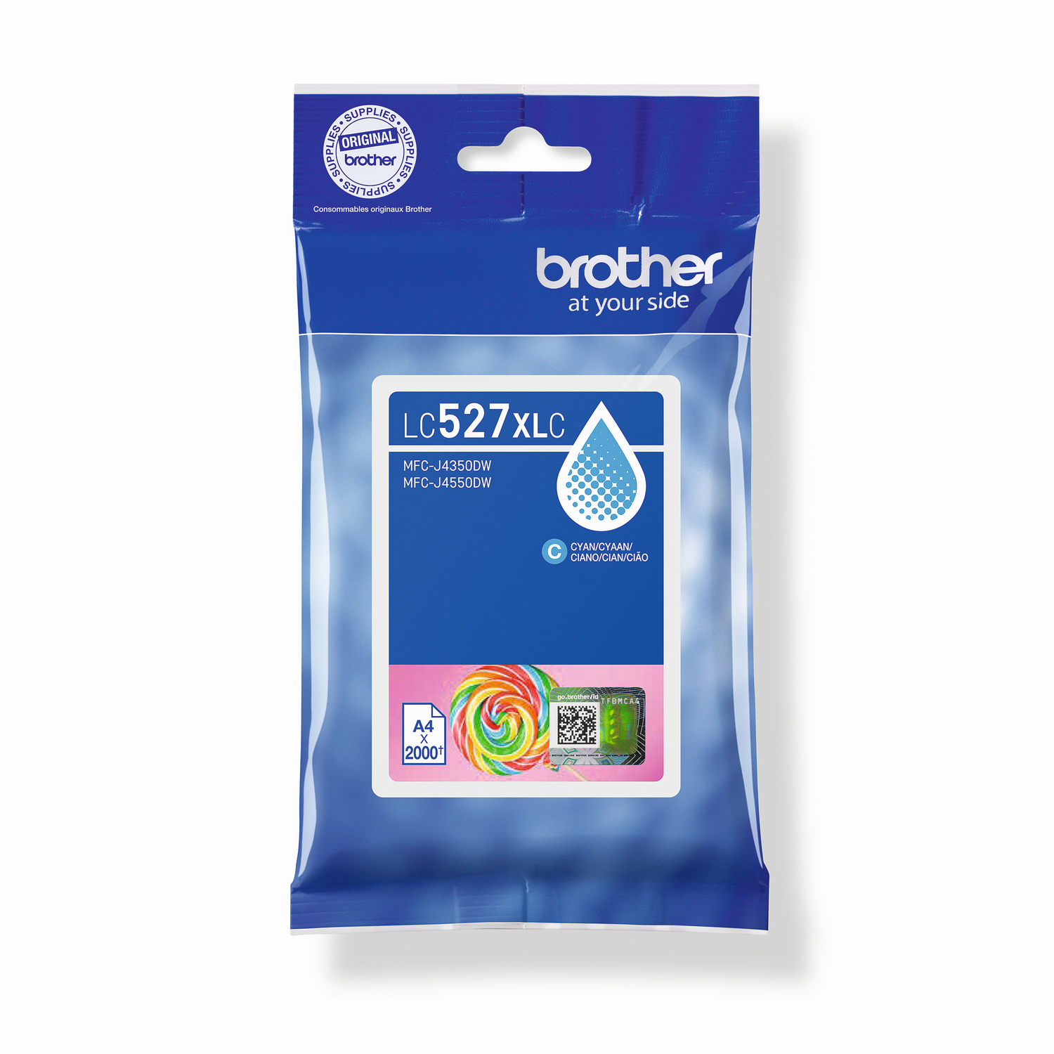 Paquete de cartucho de tinta Brother. Embalaje azul y blanco con detalles del producto e imagen de piruleta colorida.