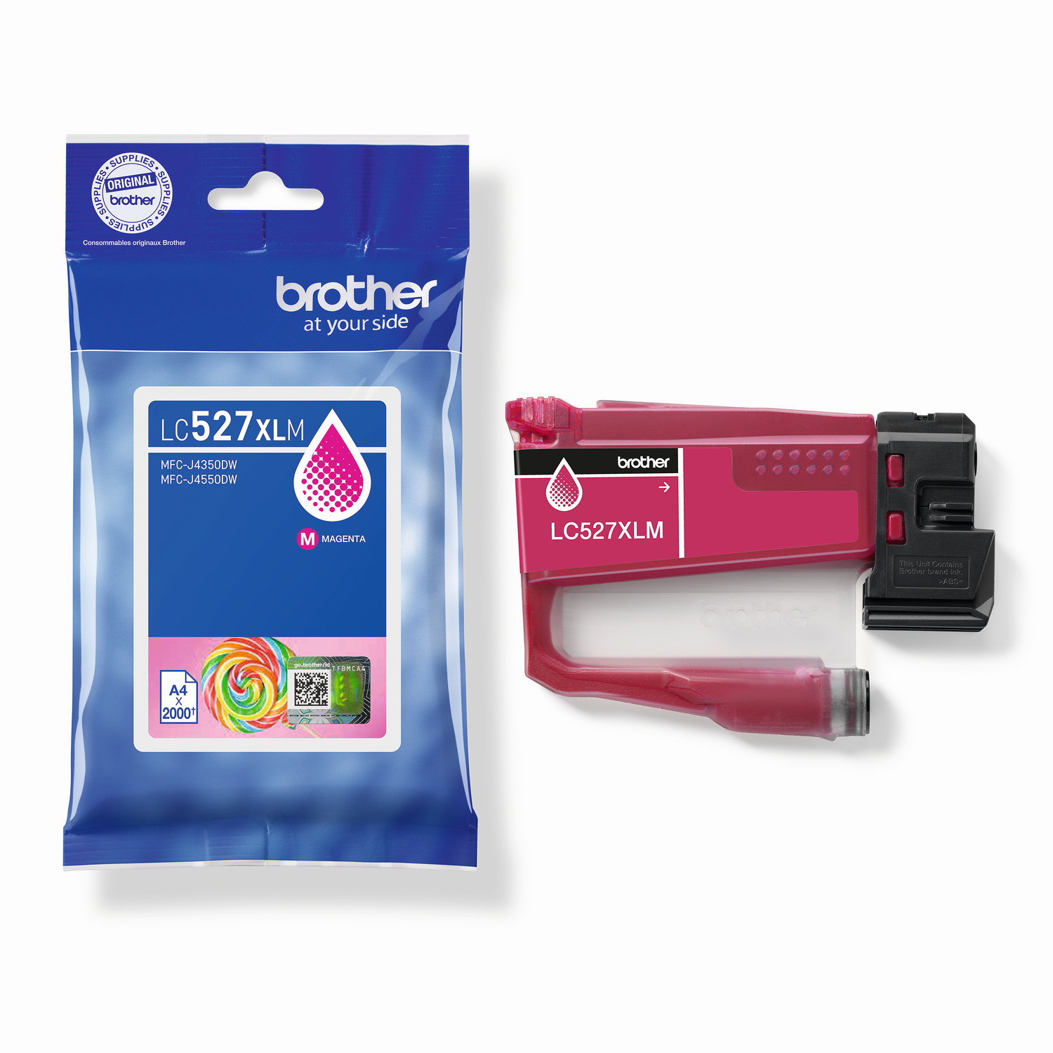 La imagen muestra un cartucho de tinta magenta Brother y una bolsa sellada con un cartucho similar. Ambos tienen la etiqueta LC527XLM.