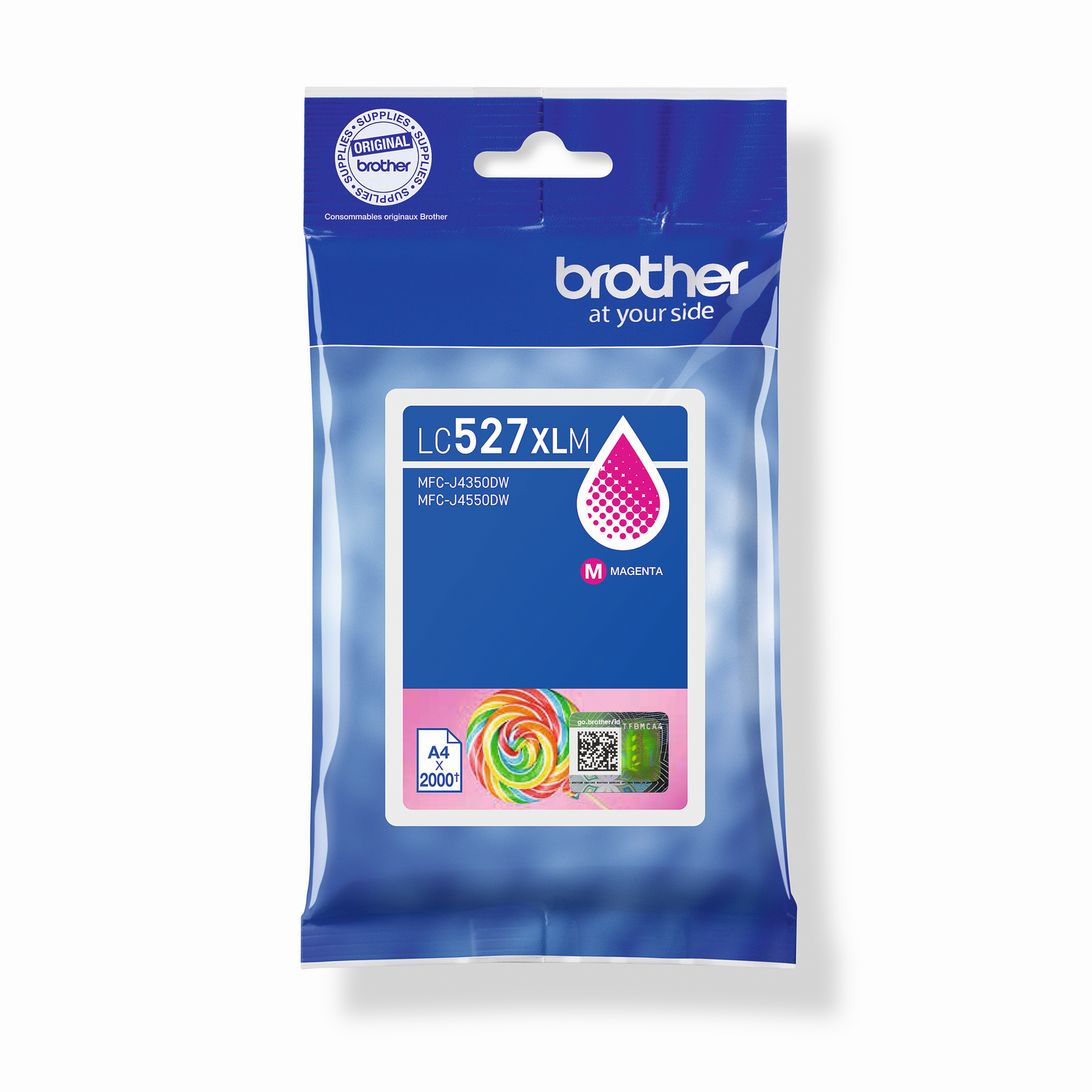 Cartucho de tinta Brother en paquete azul. Contiene tinta magenta. Presenta un icono de gota magenta y una imagen de piruleta colorida.
