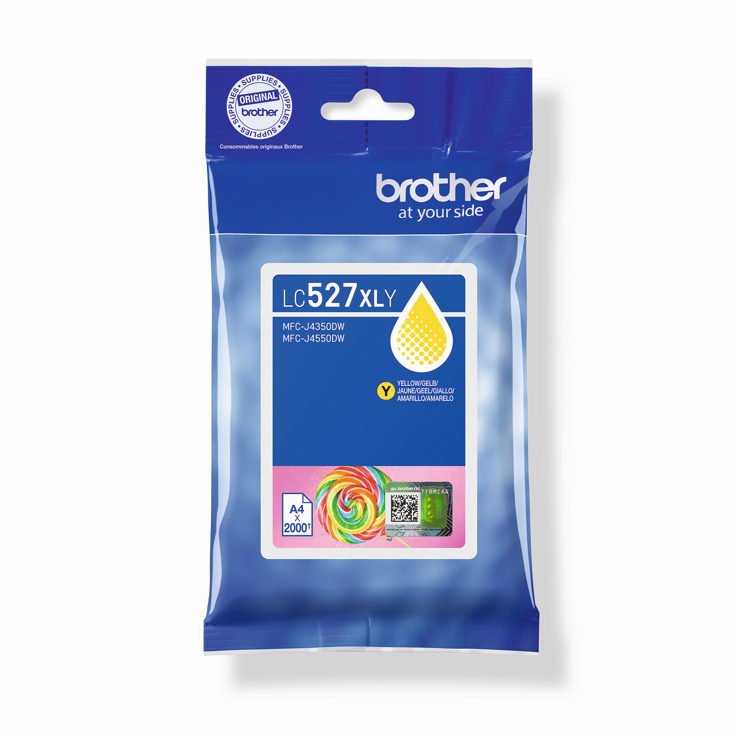 Cartucho de tinta Brother, embalaje azul. Contiene tinta amarilla. Incluye una pegatina de piruleta colorida y símbolo de papel A4.