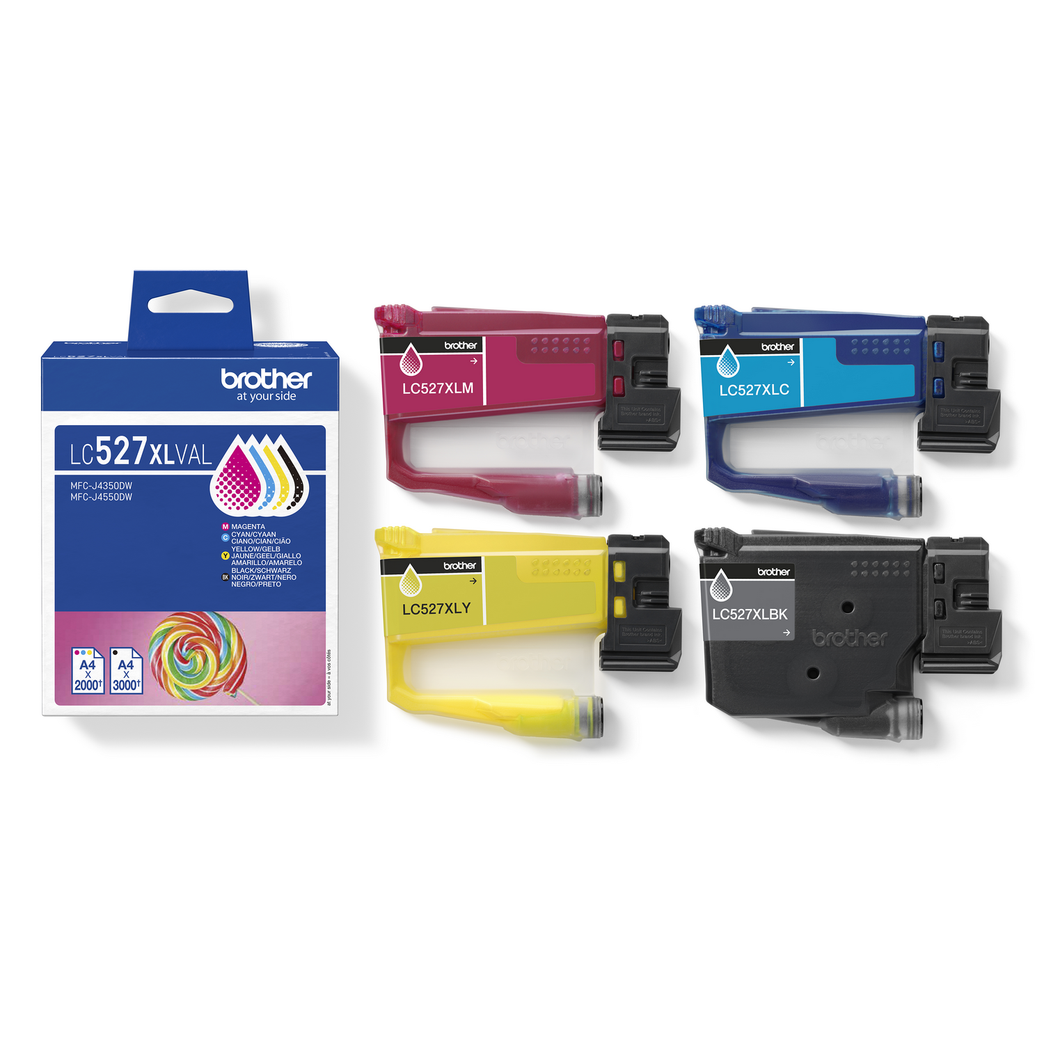 Cartuchos de tinta Brother en magenta, cian, amarillo y negro, más una caja y una piruleta.