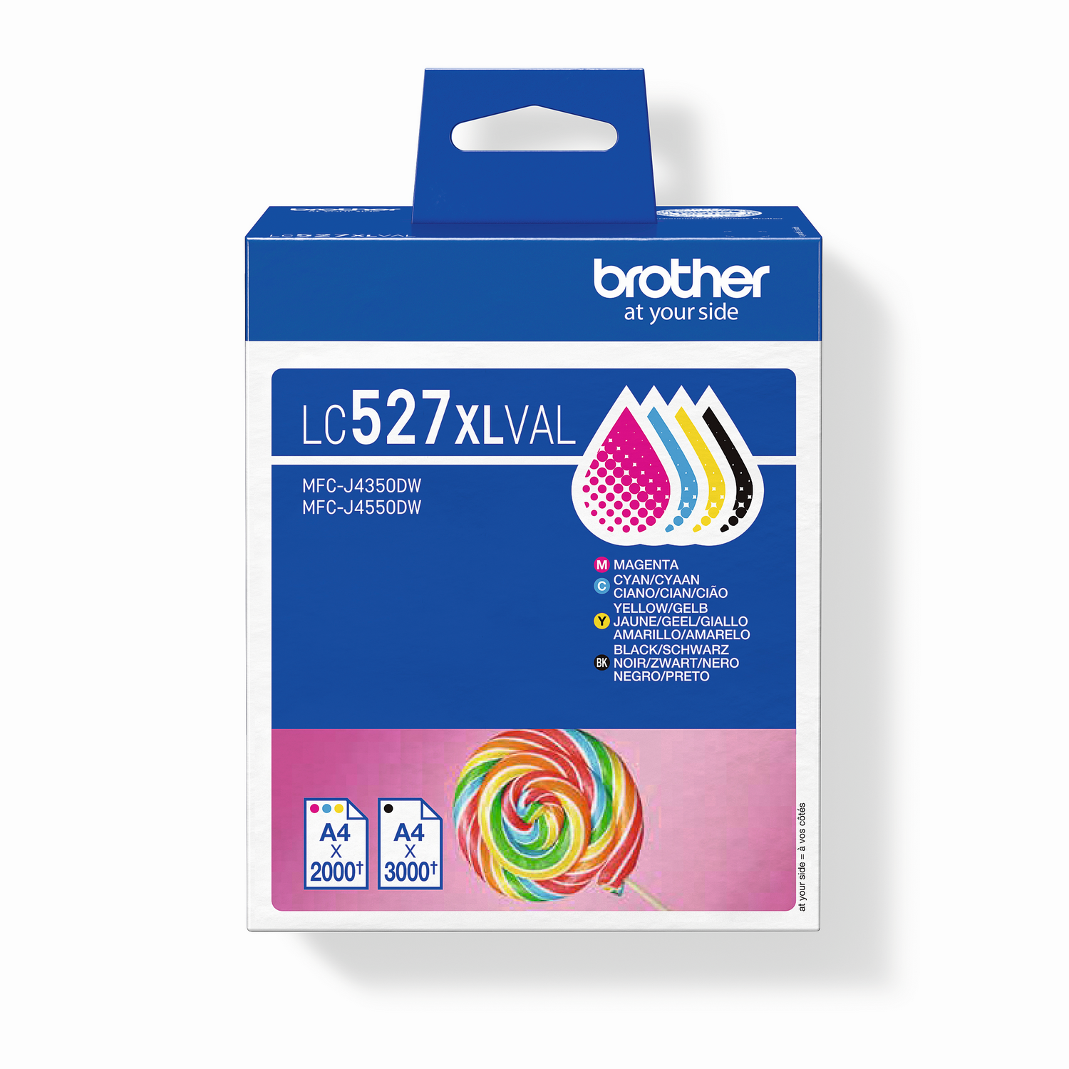 Caja de tinta Brother LC527XLVAL. Contiene tinta magenta, cian, amarilla y negra. Un caramelo en la esquina inferior derecha.