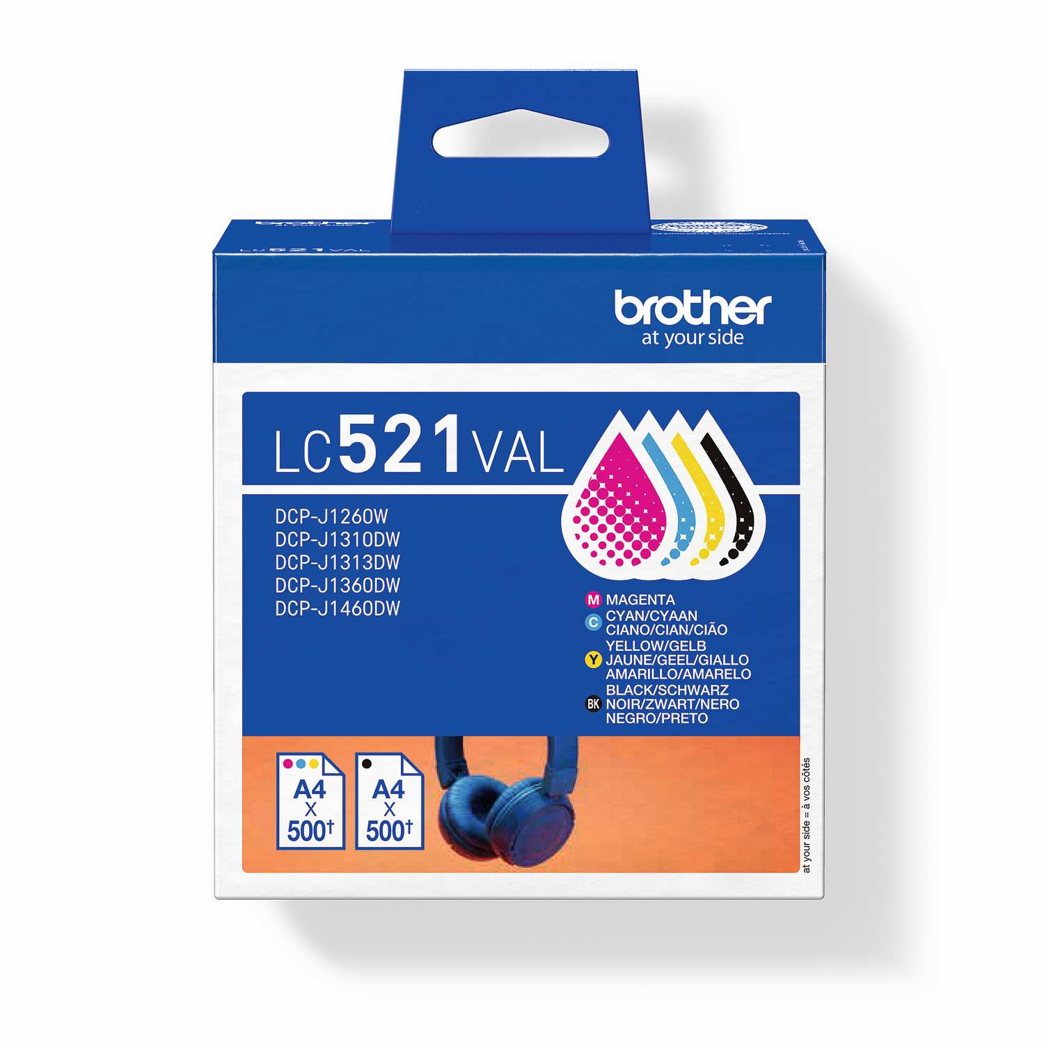 Caja de cartuchos de tinta Brother LC521 VAL. Presenta colores de tinta magenta, cian, amarillo y negro. Muestra la compatibilidad.