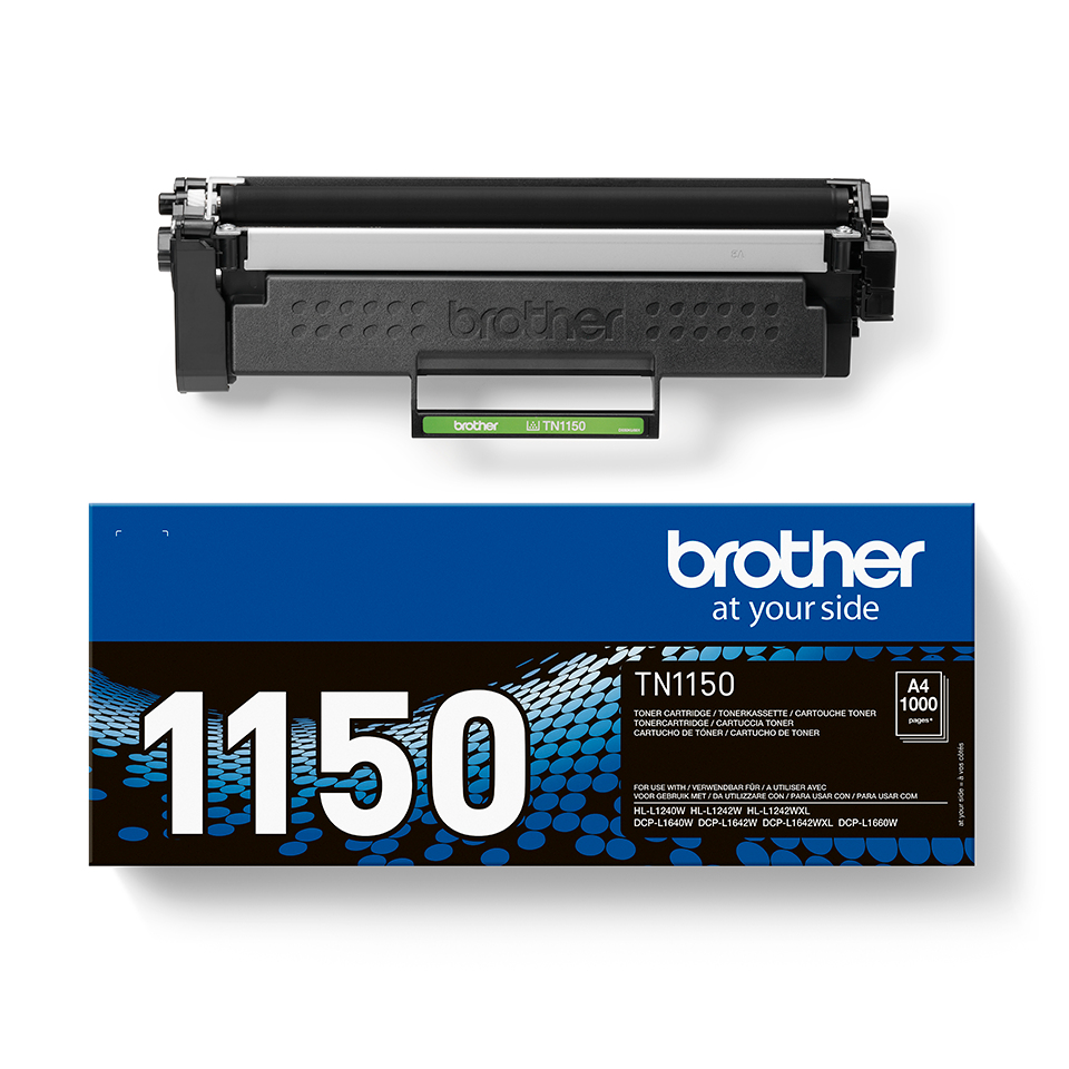 Un cartucho de tóner negro Brother TN1150 está sobre una caja azul. La caja tiene el número 1150 y el logotipo de Brother.