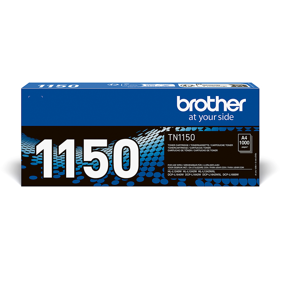 Caja de cartucho de tóner Brother TN1150. Azul y negro, con texto blanco. Muestra el número 1150.
