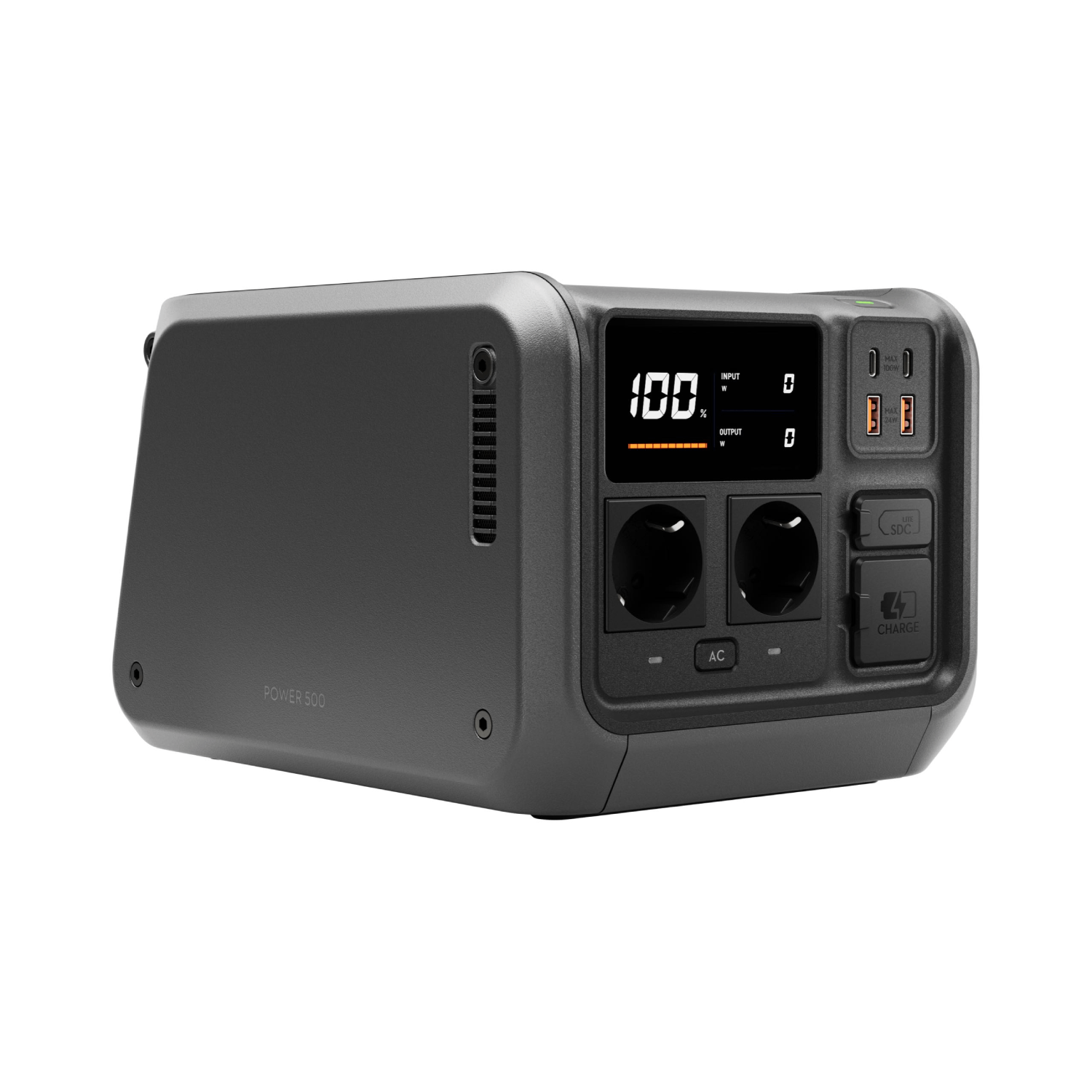 Una estación de energía gris oscura muestra un 100% de carga. Tiene enchufes de CA, puertos USB y un indicador de carga. El modelo es Power 500.