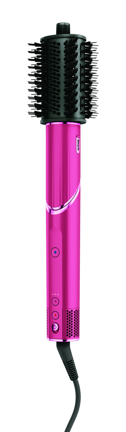 Un cepillo rosa y negro para peinar el cabello. Tiene un cabezal de cepillo negro y un cuerpo rosa con botones y un cable.
