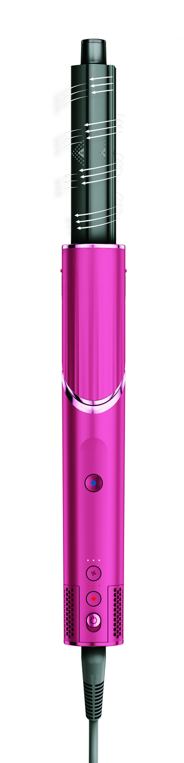 Una herramienta rosa para peinar el cabello con una parte superior negra. Tiene botones y un cable en la parte inferior. Fondo blanco.