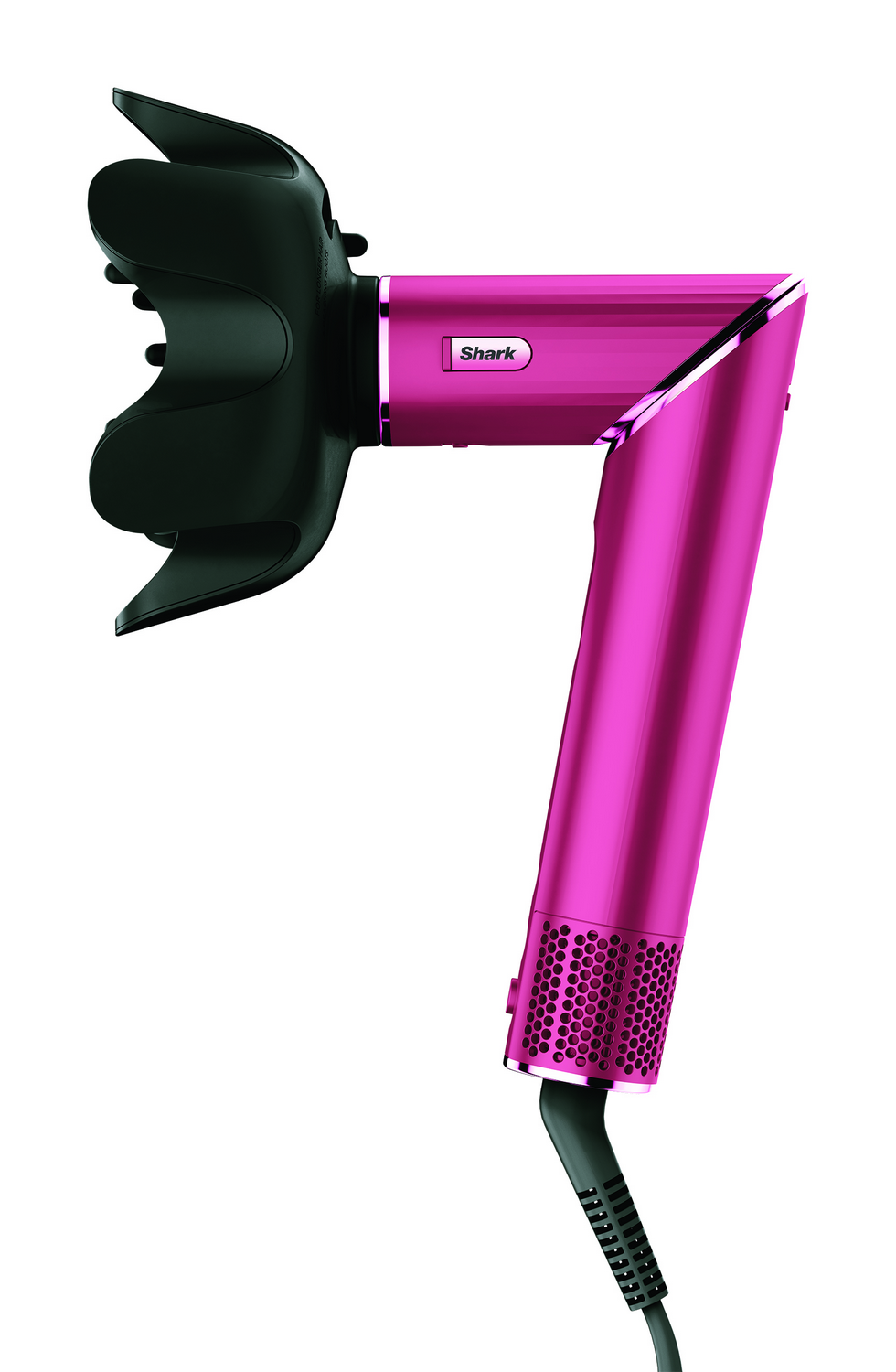 Un secador de pelo rosa Shark con un difusor negro. Tiene un mango largo y un cable de alimentación.