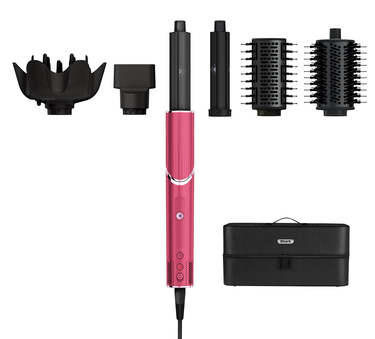 Una herramienta de peinado rosa con accesorios. Incluye un estuche negro y varios cabezales de peinado. La marca es Shark.
