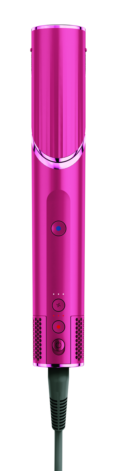 Un secador de pelo rosa. Tiene varios botones y un cable en la parte inferior. El fondo es blanco.