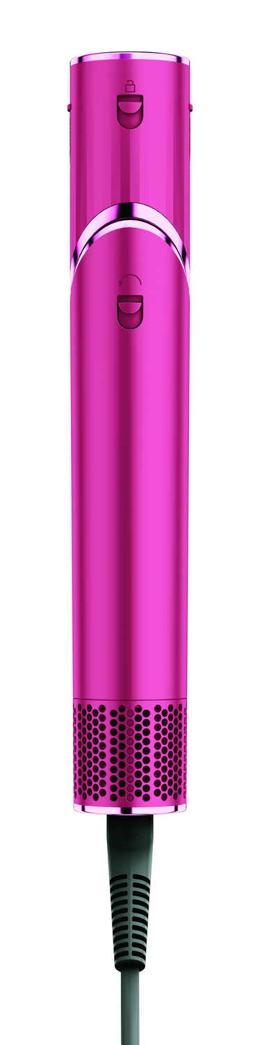Una herramienta rosa para peinar el cabello con un cable negro. Tiene botones y un área perforada. El fondo es blanco.