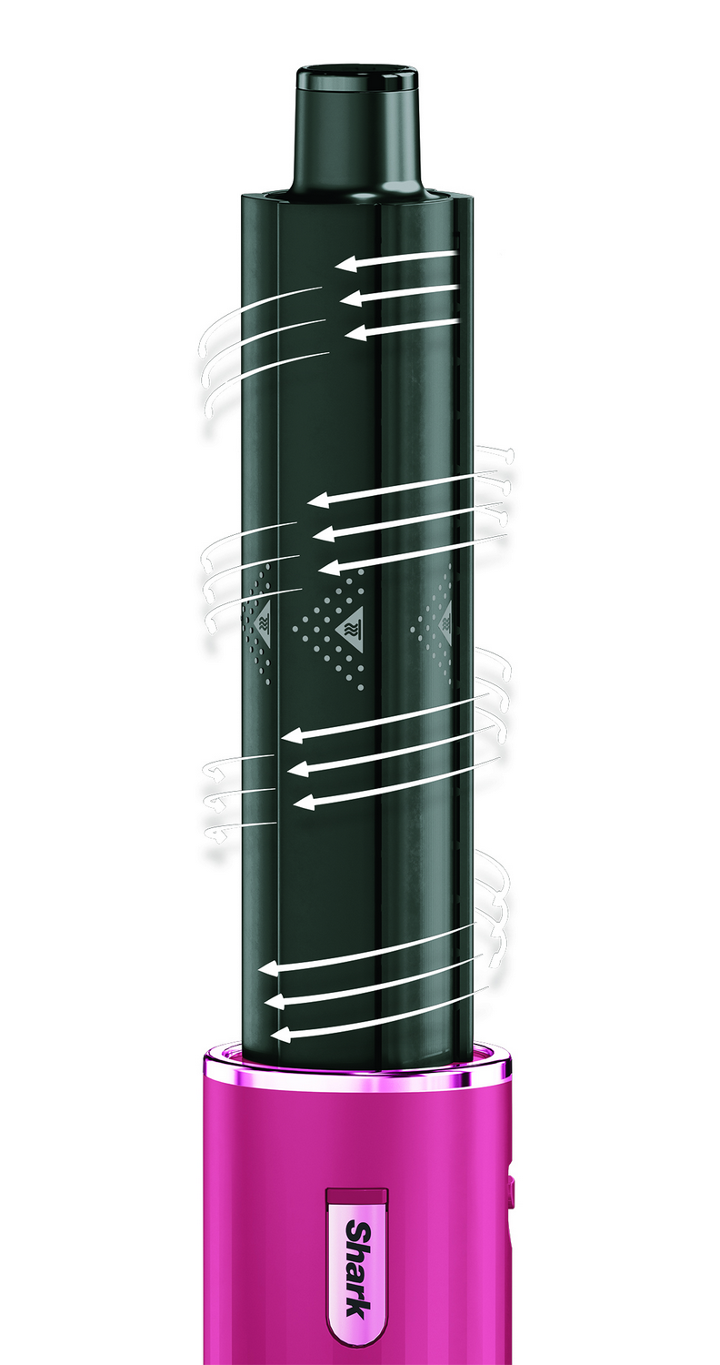 Un moldeador de cabello Shark negro y rosa. Flechas blancas muestran el flujo de aire. La base es rosa, con el logo Shark. La parte superior es negra.