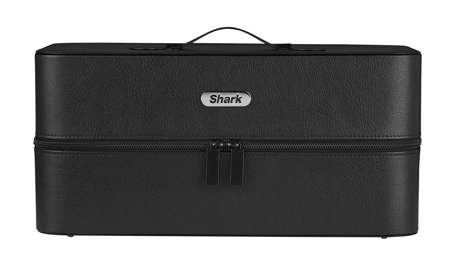 Maletín de transporte negro Shark. Tiene asa, cremallera y logotipo plateado de Shark.