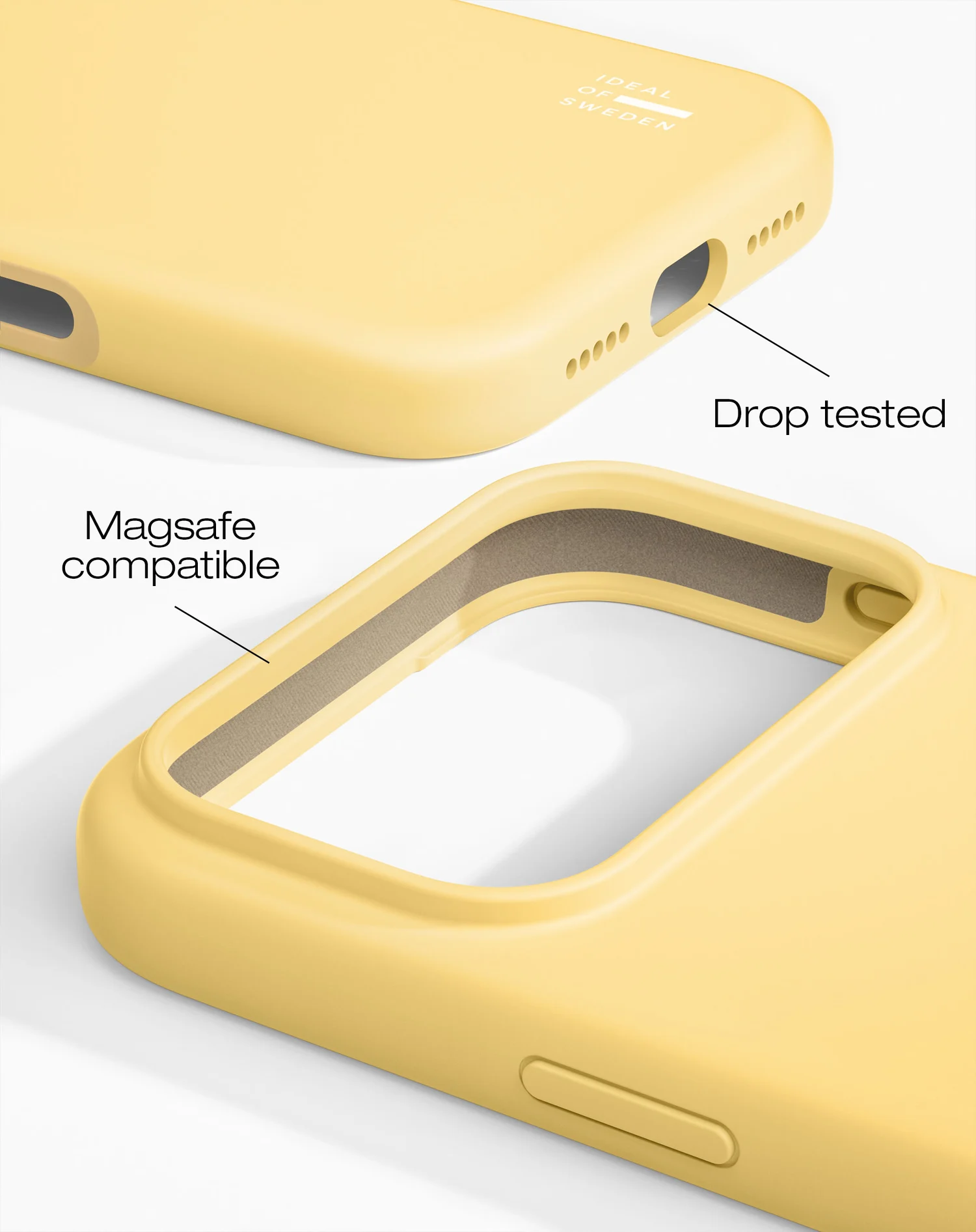 Közelkép egy sárga telefontokról, amely olyan részleteket mutat, mint a MagSafe kompatibilitás és a cseppteszt jelölések.