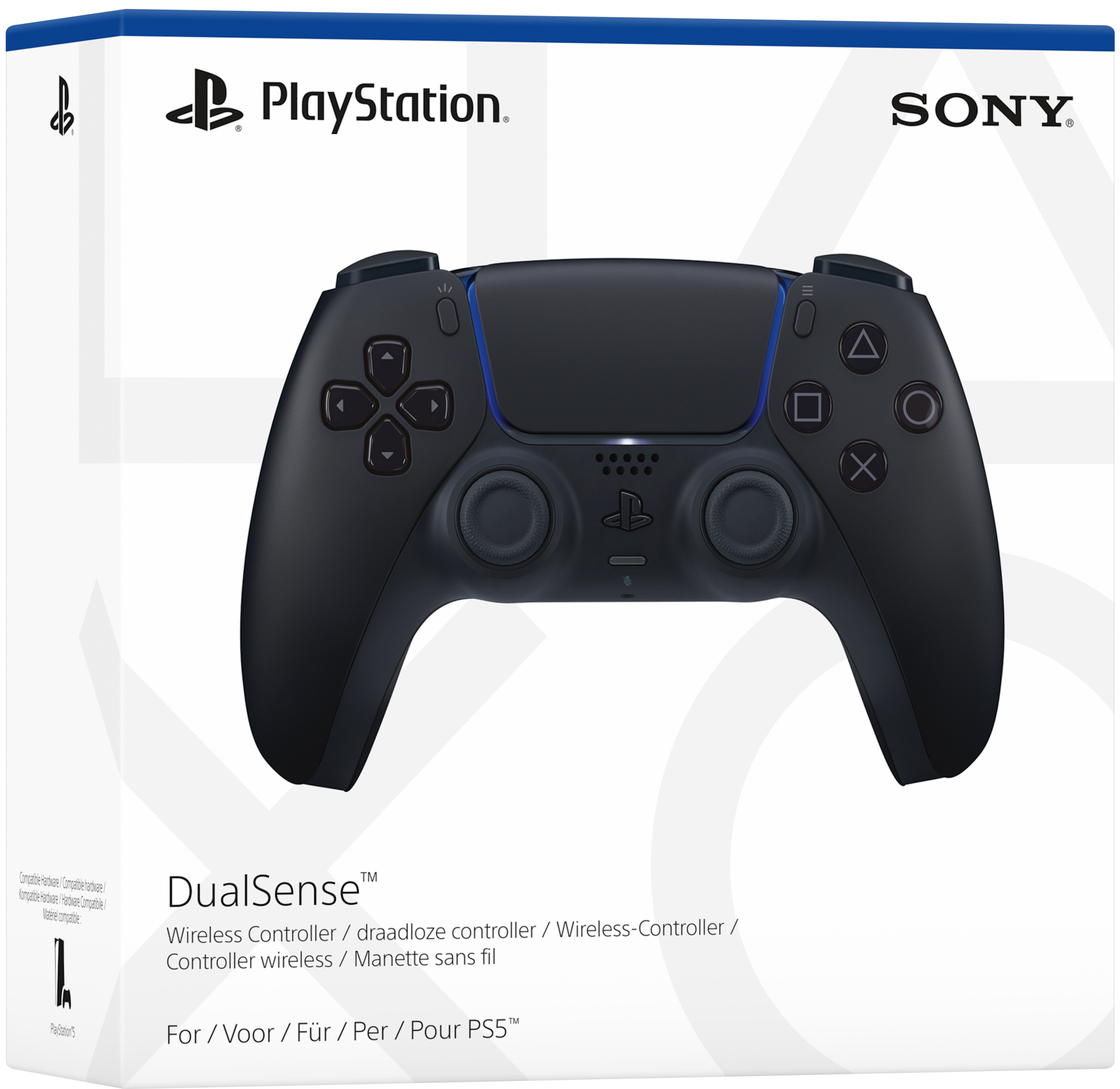 Ein schwarzer DualSense PS5-Controller wird auf seiner Box gezeigt. Die Box hat die PlayStation- und Sony-Logos.