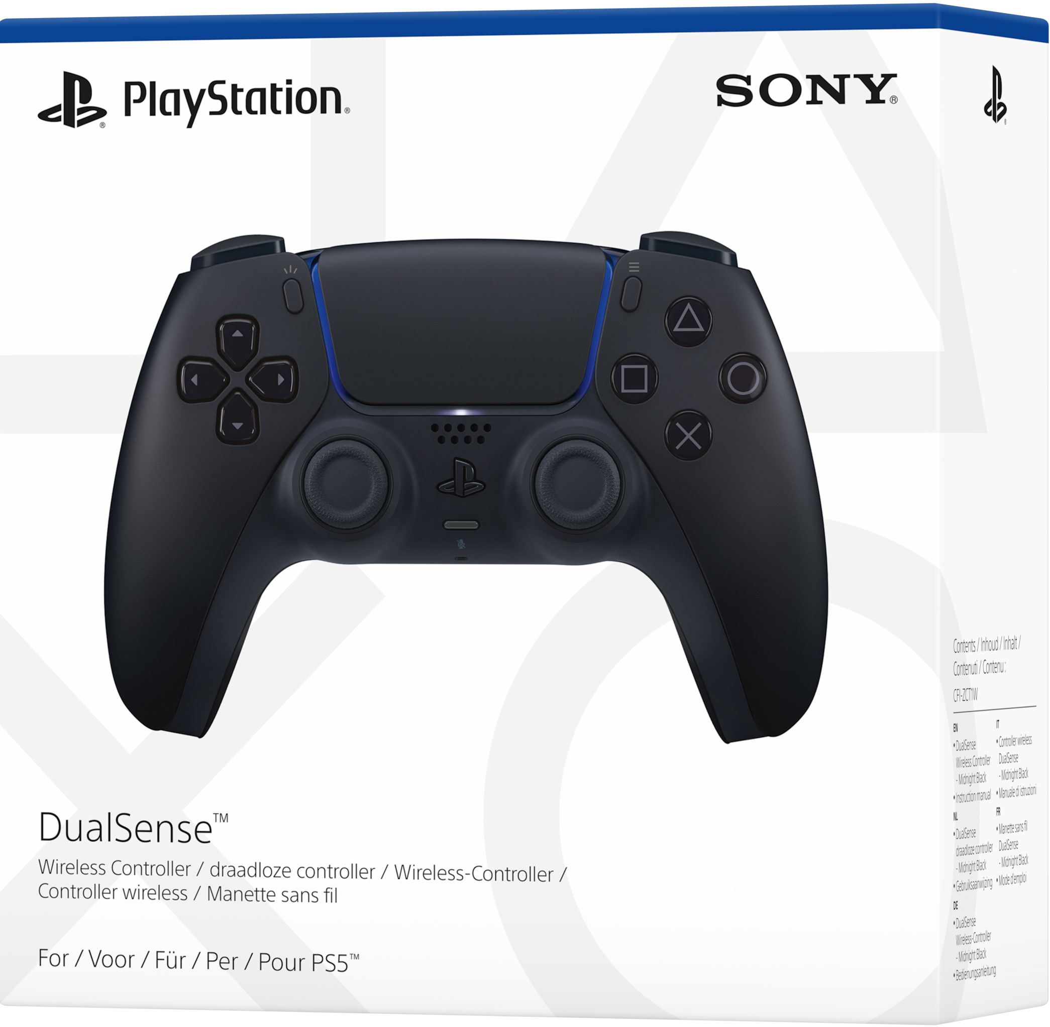 Schwarzer DualSense PS5-Controller auf einer Box. Er hat Knöpfe, Analogsticks und ein PlayStation-Logo.