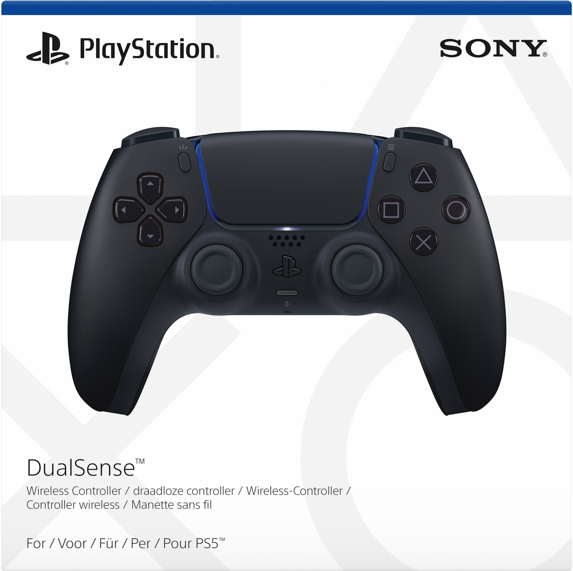Schwarzer PlayStation DualSense-Controller. Er hat Tasten und Sticks. Die Logos von PlayStation und Sony sind ebenfalls sichtbar.
