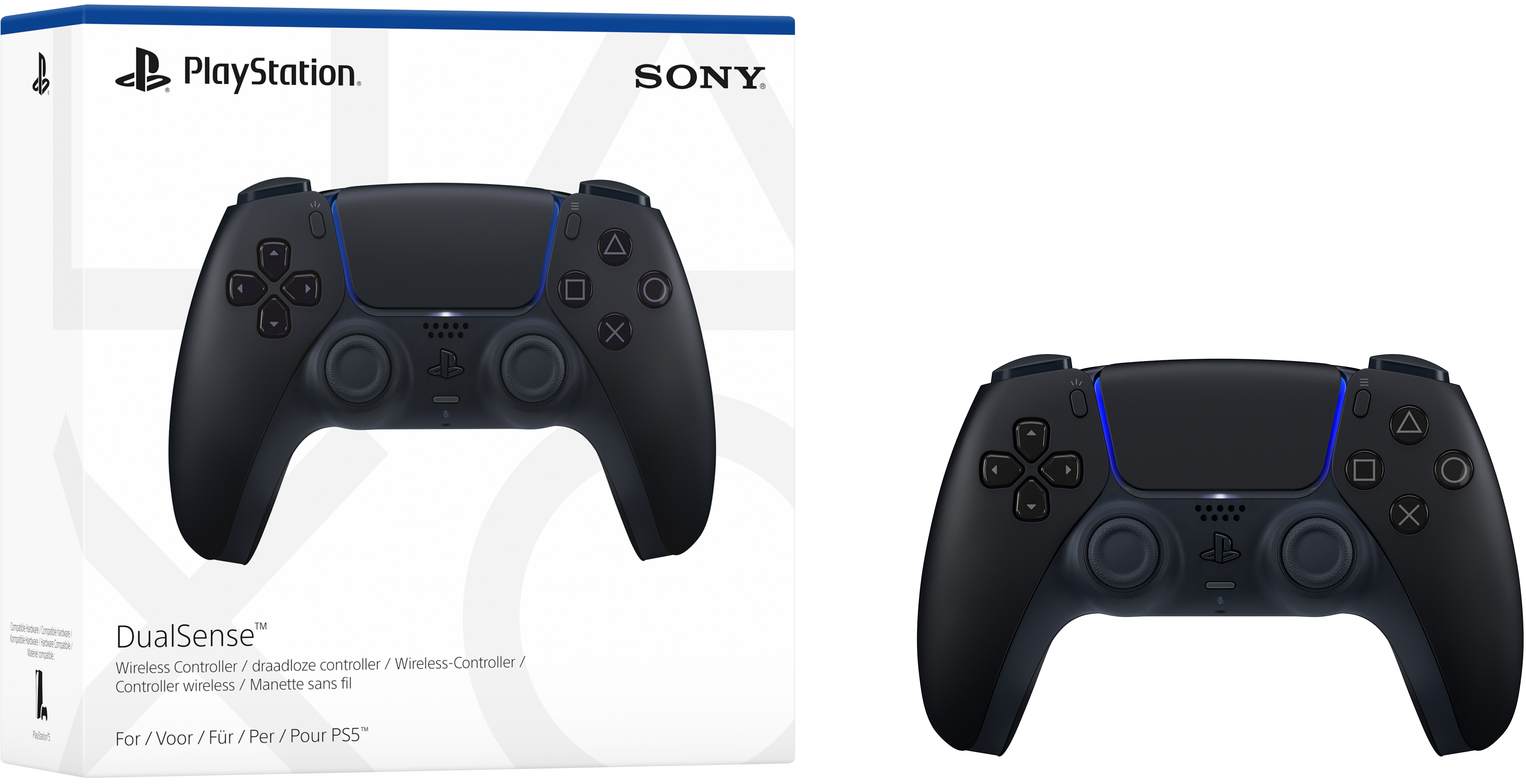Das Bild zeigt einen schwarzen PS5 DualSense-Controller neben der Verpackung, beides auf schwarzem Hintergrund. Der Controller hat blaue Lichter.