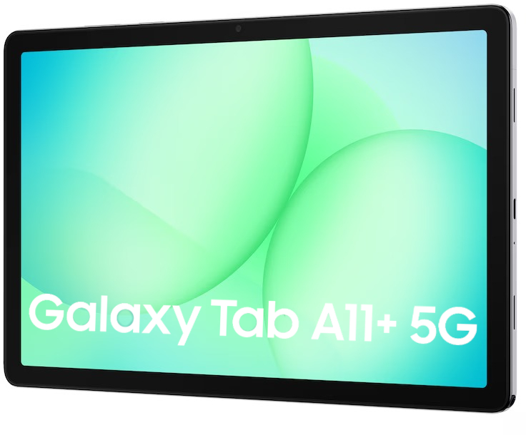Een Samsung Galaxy Tab A11+ 5G tablet. Het scherm toont een verloop van groen en blauw, met witte tekst.
