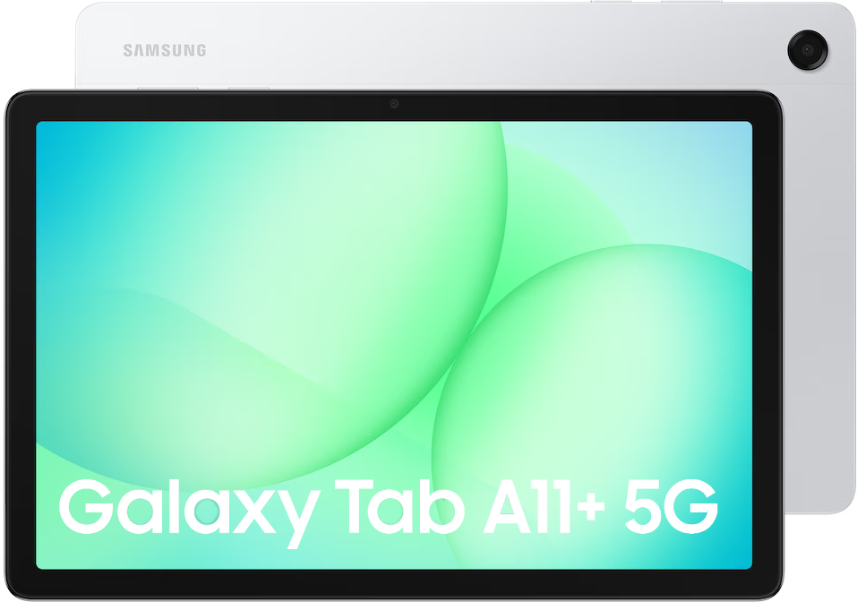 Een witte Samsung Galaxy Tab A11+ 5G tablet wordt weergegeven. Het scherm toont groene en witte abstracte vormen. De achterkant is ook wit.