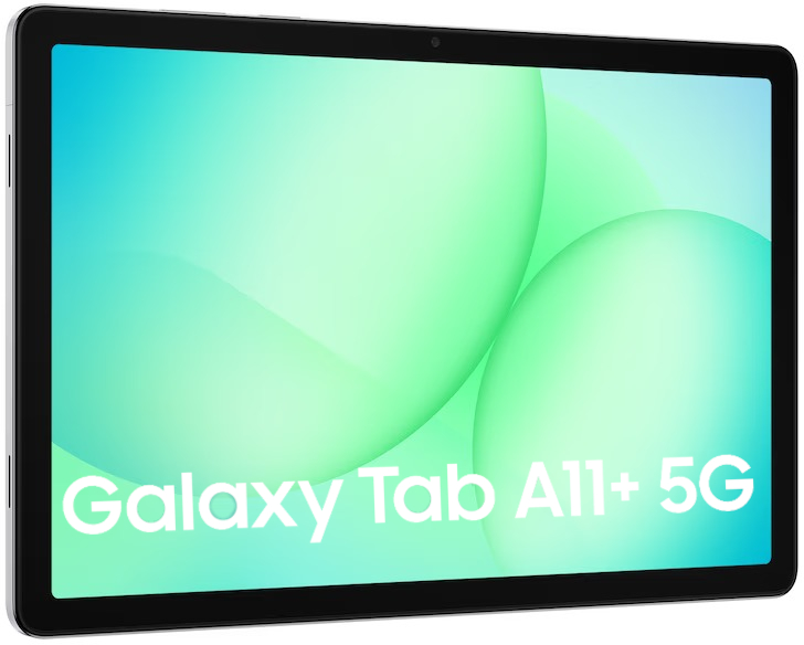 Een tablet met een scherm met groene en blauwe gradiëntbubbels. De tekst 'Galaxy Tab A11+ 5G' wordt weergegeven.