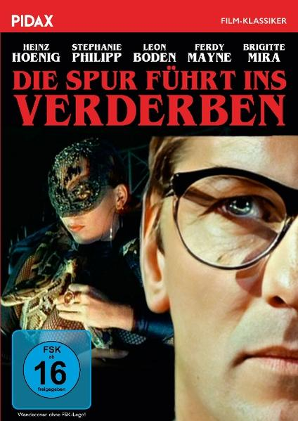 Kinoplakat mit dem Titel 'Die Spur führt ins Verderben'. Zeigt Personen mit Schlange, Brille und einem Bewertungslogo.