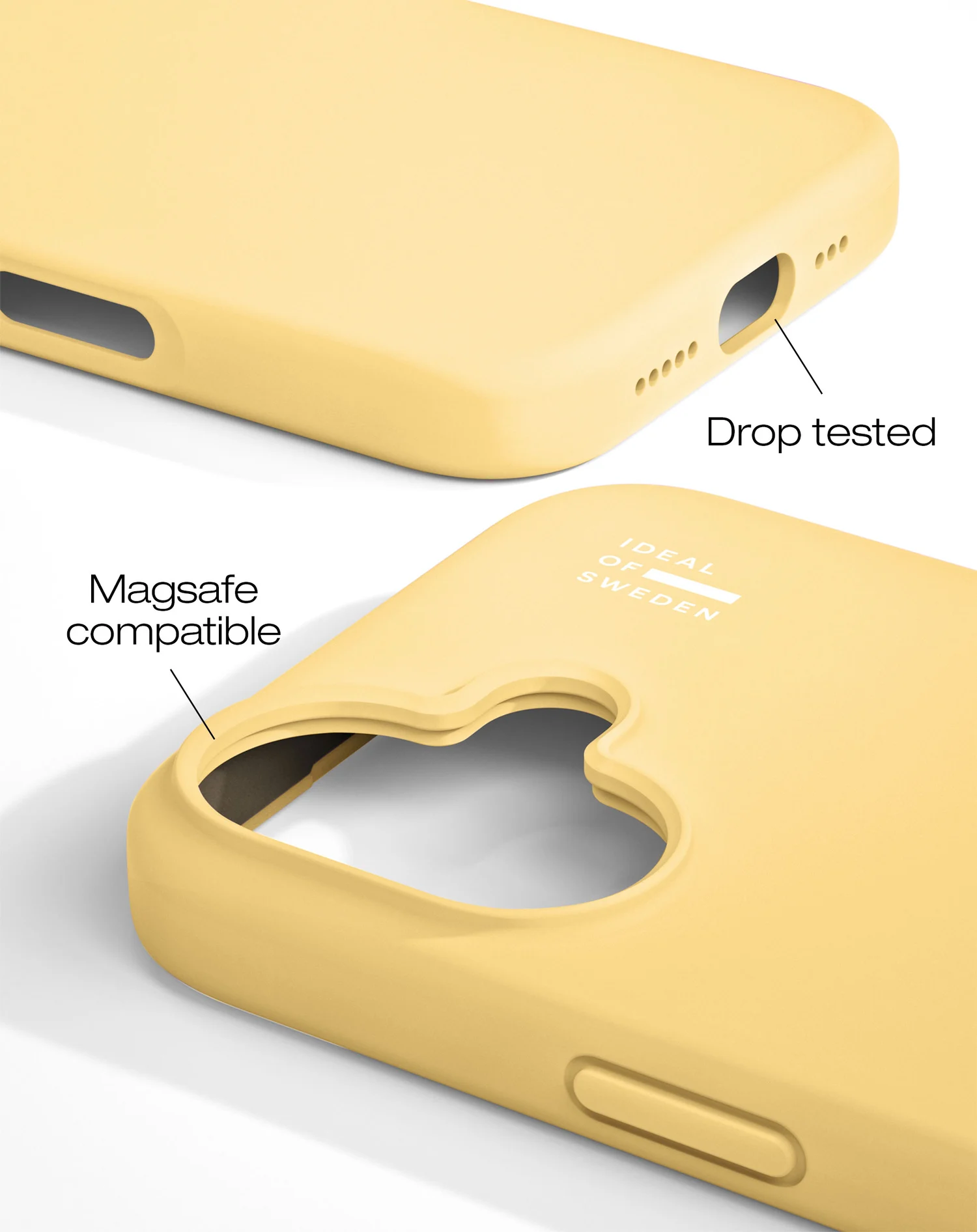 Közelkép egy sárga telefontokról, amely olyan részleteket mutat be, mint az ejtésálló funkciók és a Magsafe kompatibilitás.
