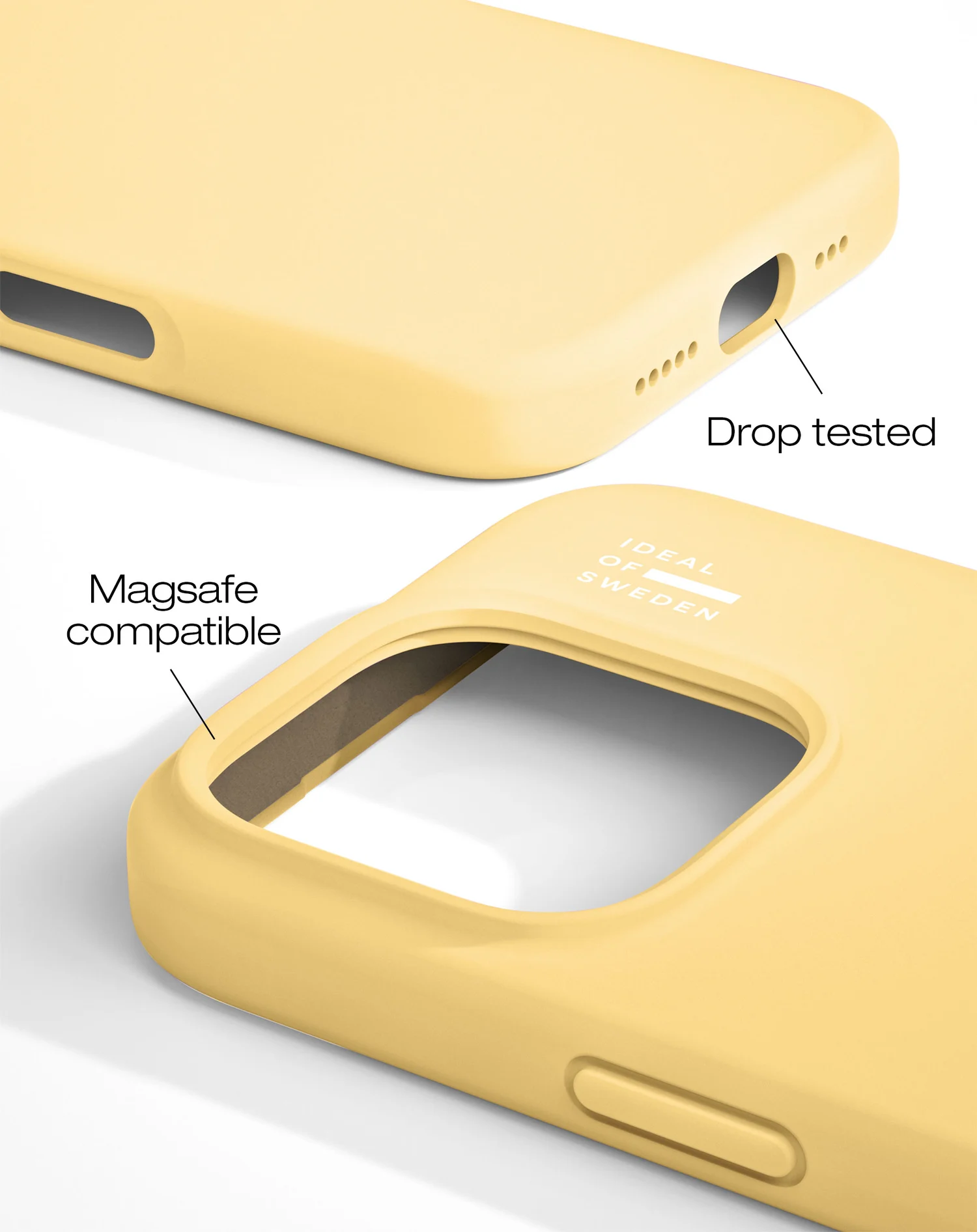 Sárga telefontok közeli képe, amely a MagSafe kompatibilitást és az ejtési teszt funkcióit mutatja be.