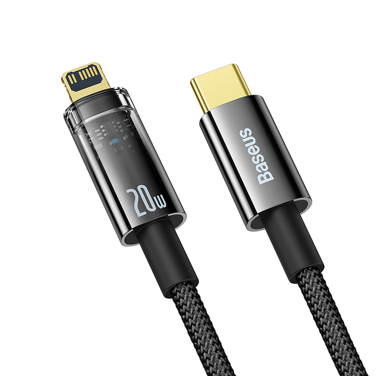 Dos cables de carga negros con conectores dorados. Uno con conector Lightning, otro con conector USB-C. La marca es Baseus.