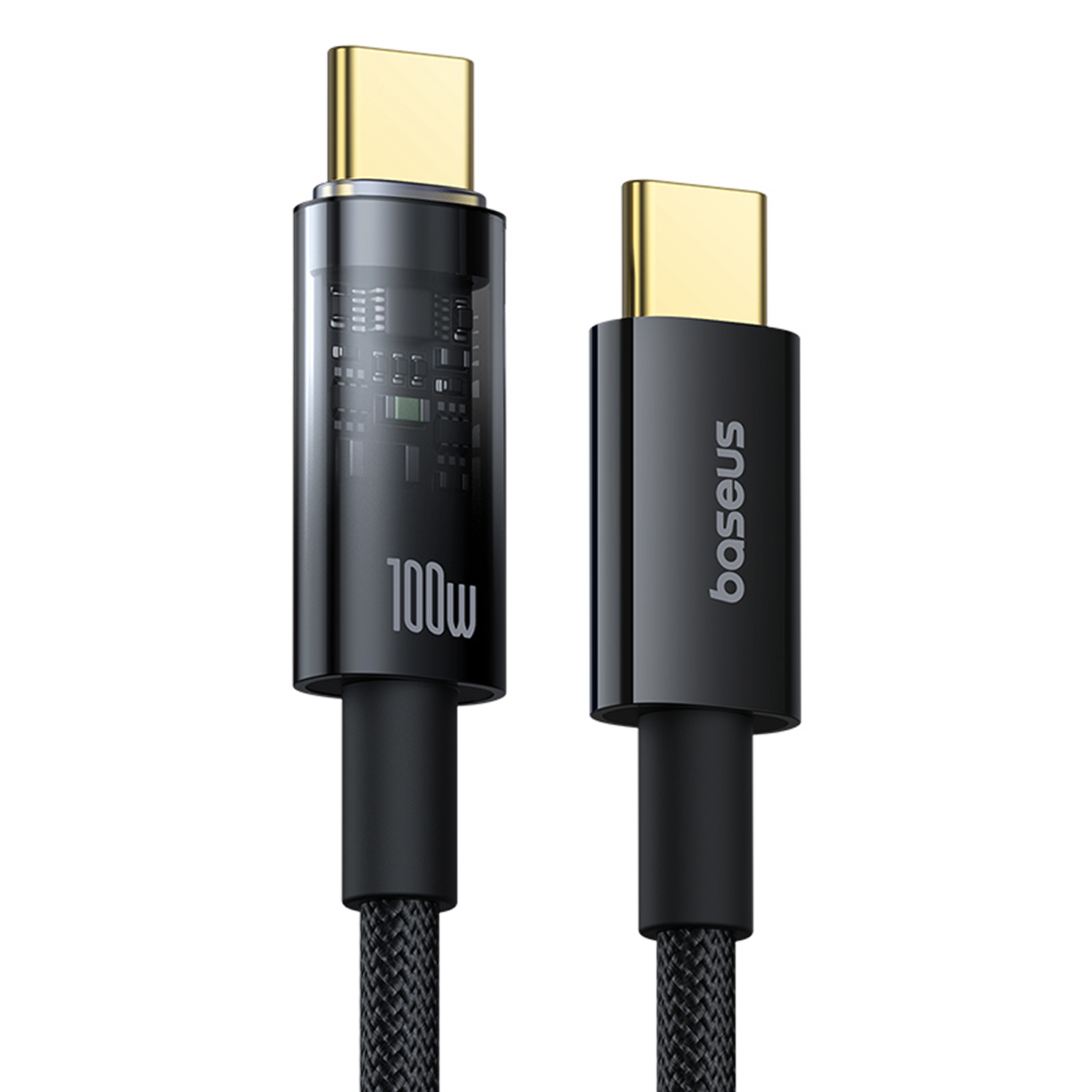 Dos cables USB-C negros con conectores dorados. Un cable muestra componentes internos. La marca Baseus es visible.