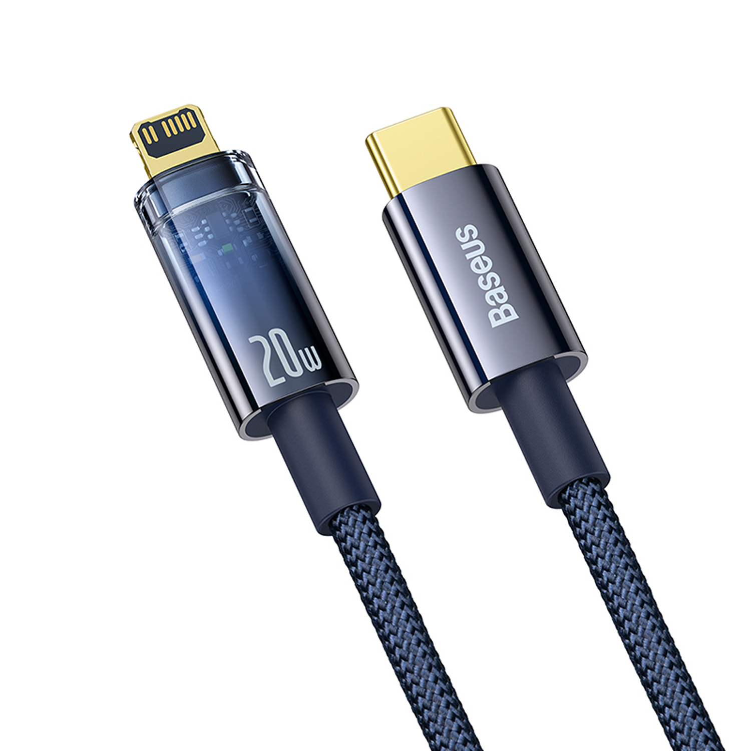 Dos cables de carga con diferentes conectores. Uno con conector Lightning, y otro con conector USB-C. Ambos tienen cables trenzados.