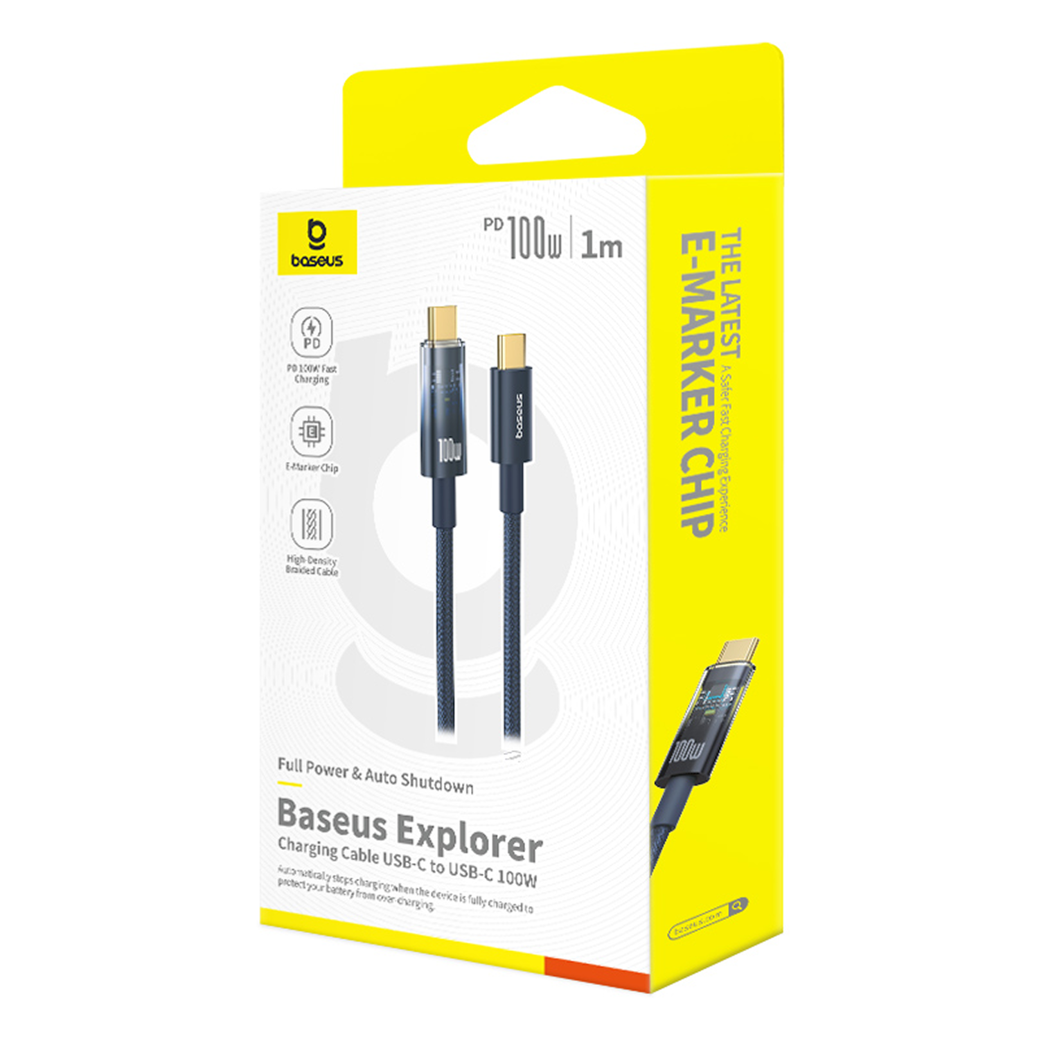 Cable de carga Baseus Explorer, USB-C a USB-C 100W, en una caja amarilla con detalles del producto y marca.