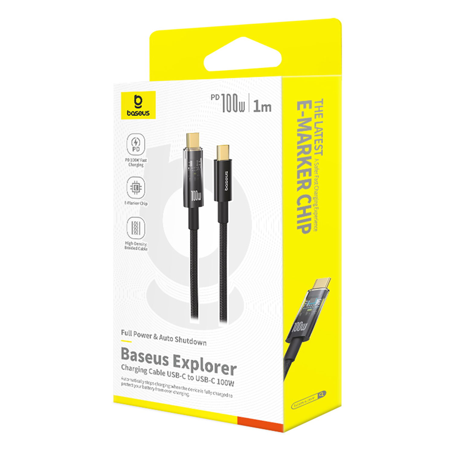 Caja de cable de carga Baseus Explorer. Caja amarilla y blanca con cable USB-C negro. Texto incluye '100W', 'E-Marker Chip'.