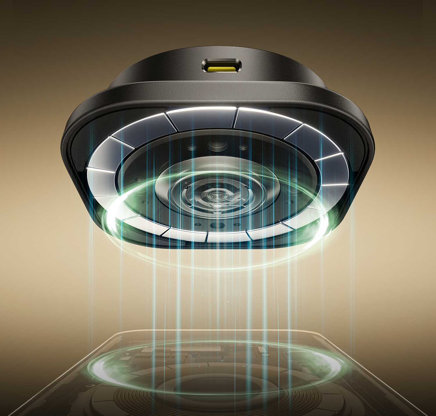 Un dispositivo futurista emitiendo rayos de luz hacia una superficie transparente. El dispositivo es negro con detalles plateados y verdes sobre un fondo dorado.