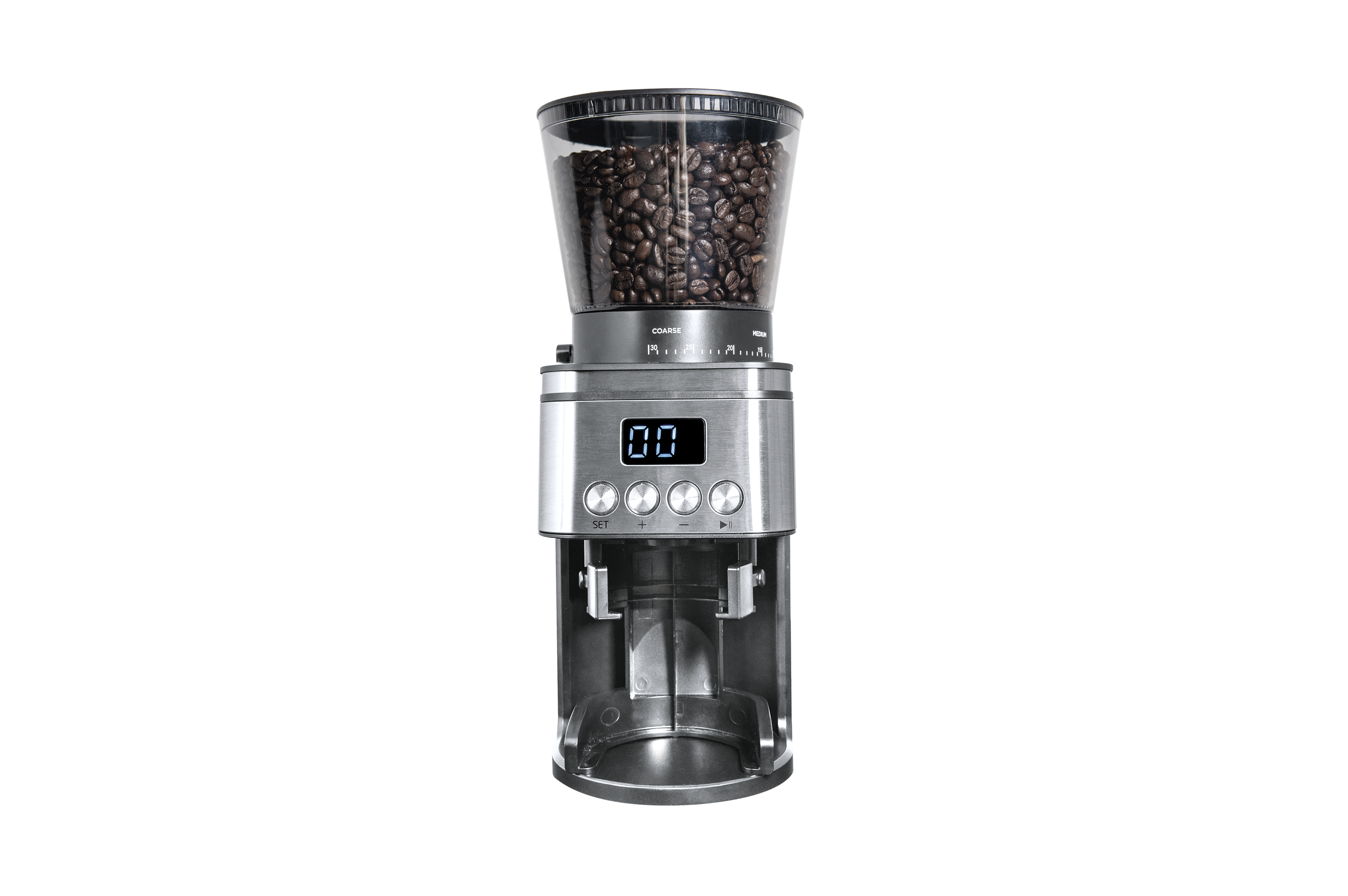 Eine silberne Kaffeemühle mit transparentem Bohnenbehälter. Es hat ein digitales Display und Steuertasten. Der Hintergrund ist schwarz.