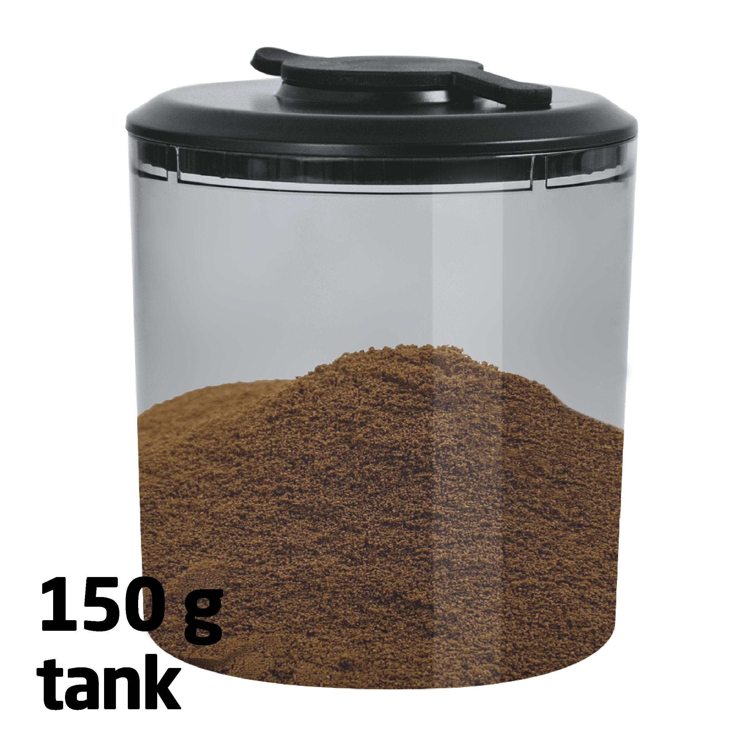 Ein klarer Behälter mit schwarzem Deckel und Griff, gefüllt mit braunen Granulaten. Text: 150g Tank.