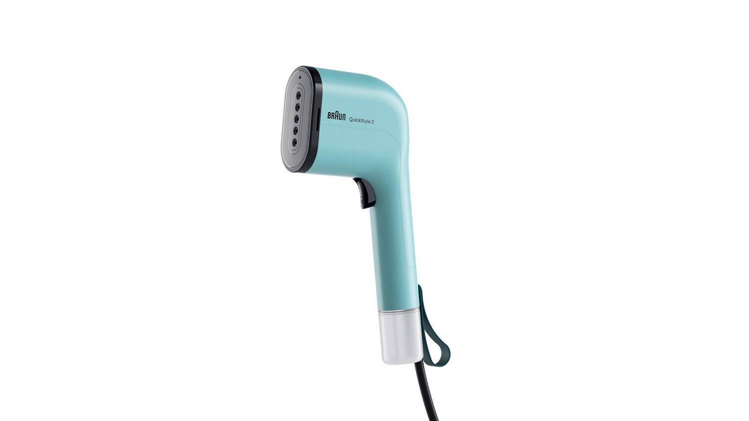 Una plancha de vapor Braun QuickStyle 3 de color verde azulado sobre un fondo blanco. Tiene un mango negro y un cable de alimentación negro.