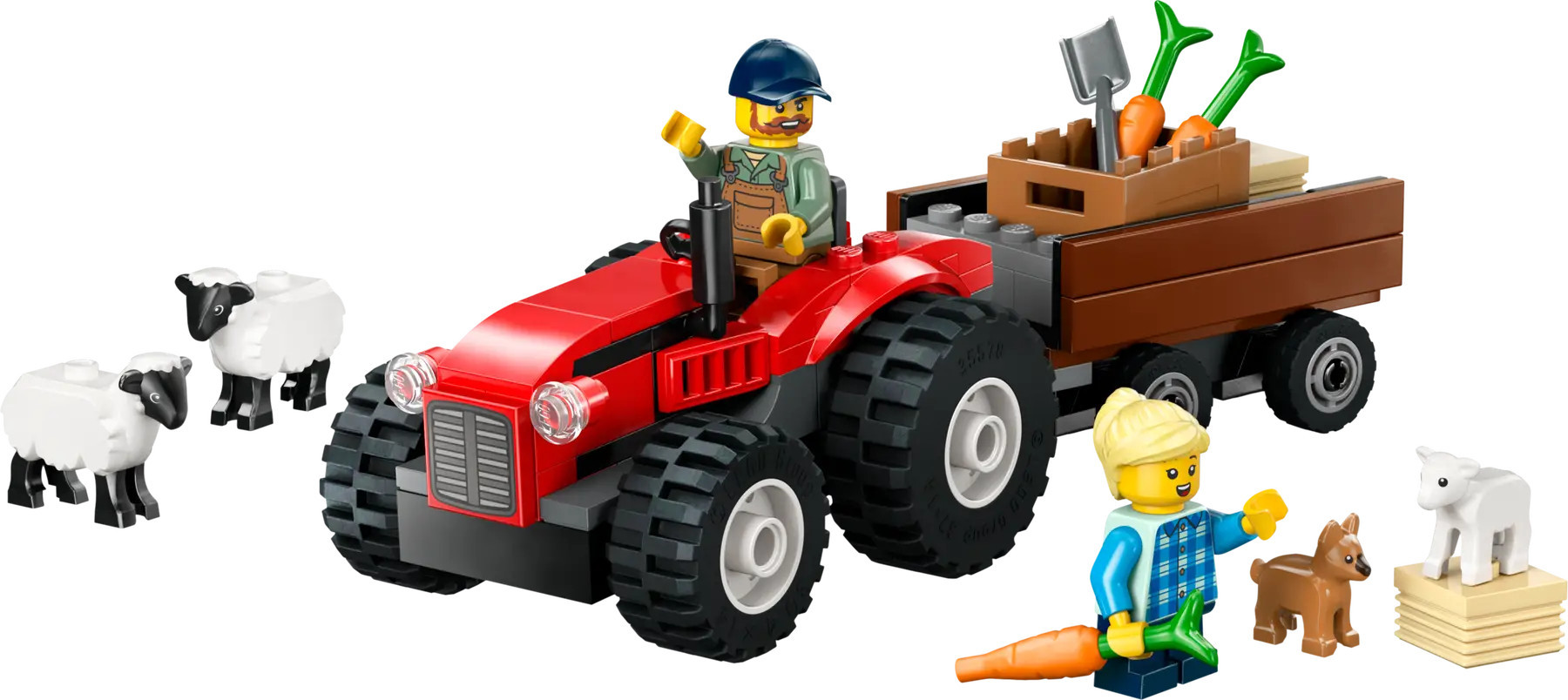 Scena z farmy Lego z czerwonym traktorem, owcami i figurkami farmerów. Marchewki i narzędzia w przyczepie.