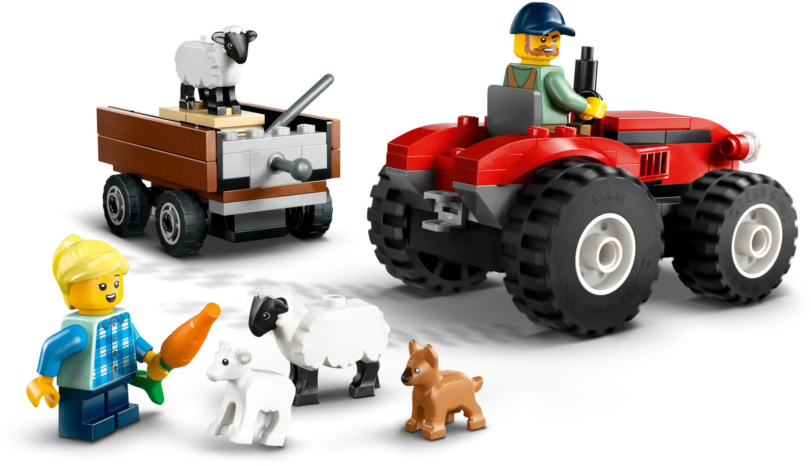 Zestaw Lego z czerwonym traktorem, rolnikiem, owcami, jagnięciem, psem i wozem. Dziewczyna trzyma marchewkę.