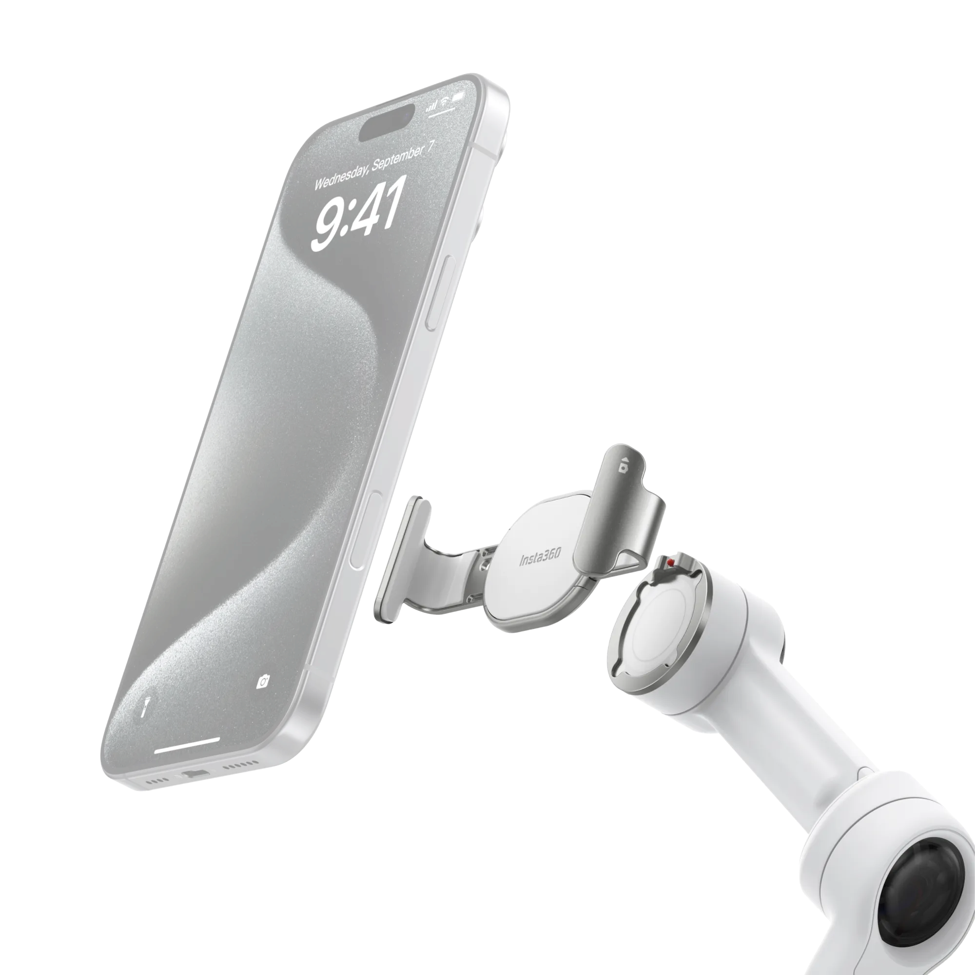 Ein iPhone mit einer Handyhalterung. Das Telefon zeigt die Uhrzeit 9:41 Uhr an einem Mittwoch an. Auf der Halterung steht Insta360.