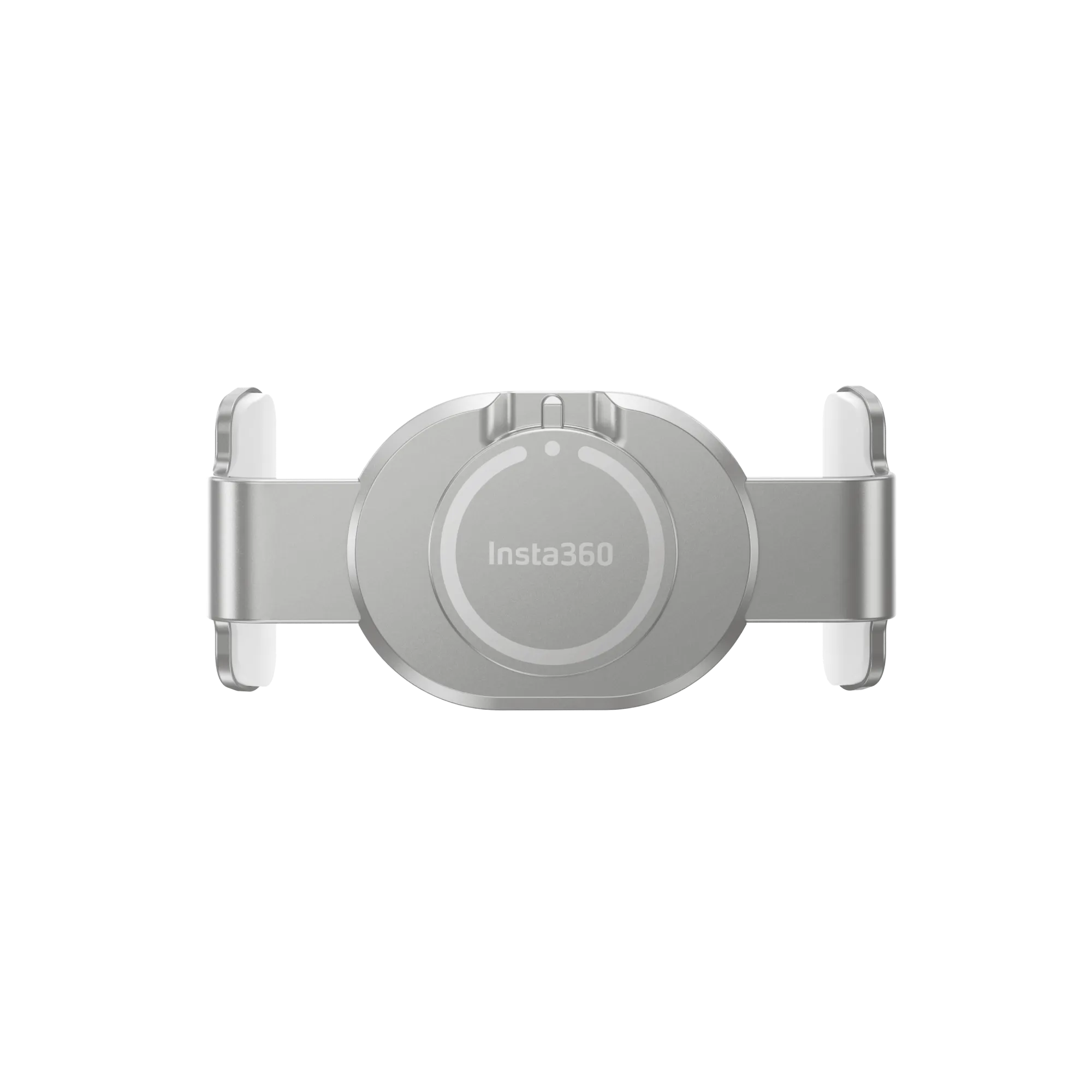 Silberne Insta360-Kamerahalterung auf schwarzem Hintergrund. Sie hat eine zentrale kreisförmige Basis und zwei seitliche Arme.