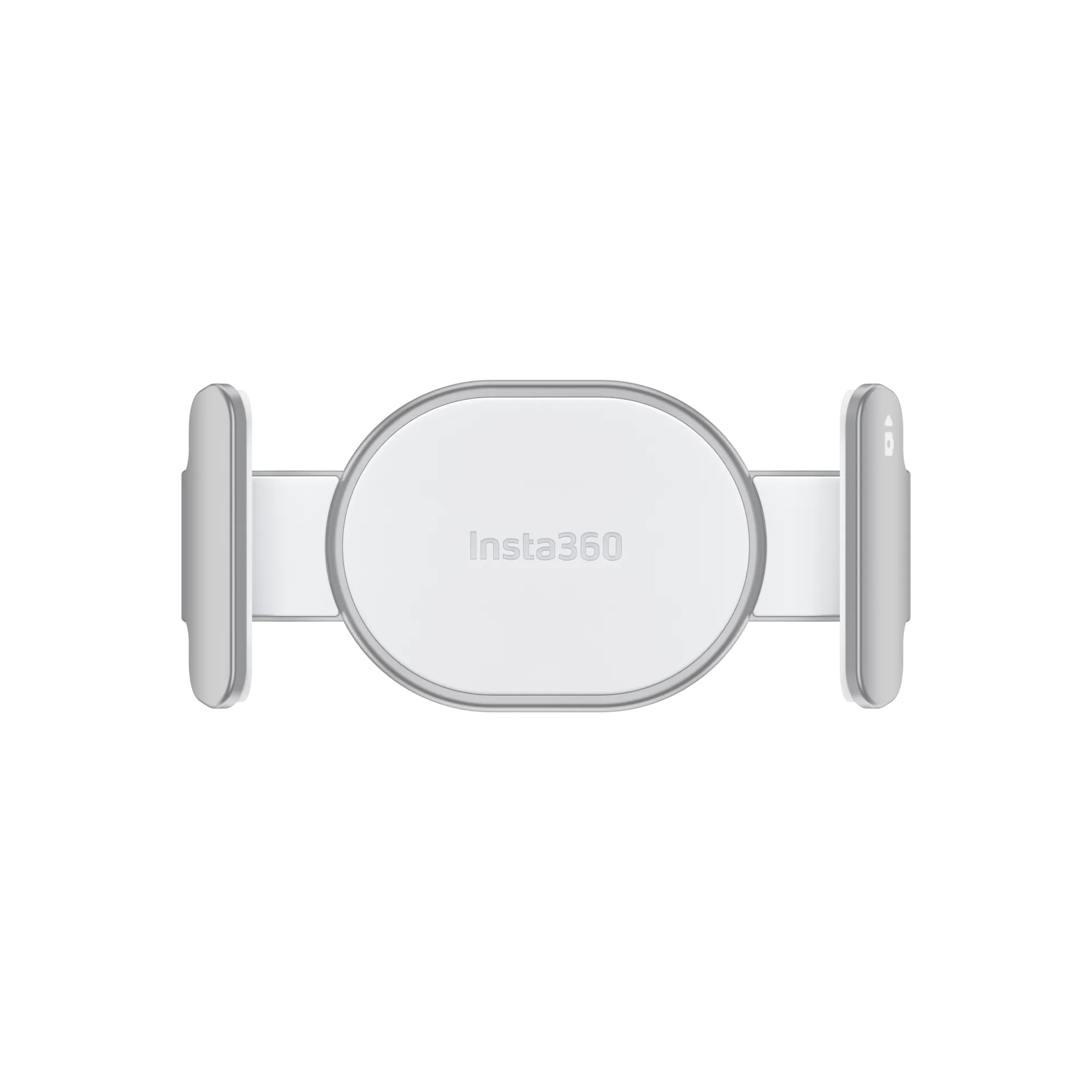 Ein weißes Insta360-Gerät, zentriert auf schwarzem Hintergrund. Es hat eine abgerundete Rechteckform mit grauen Akzenten.