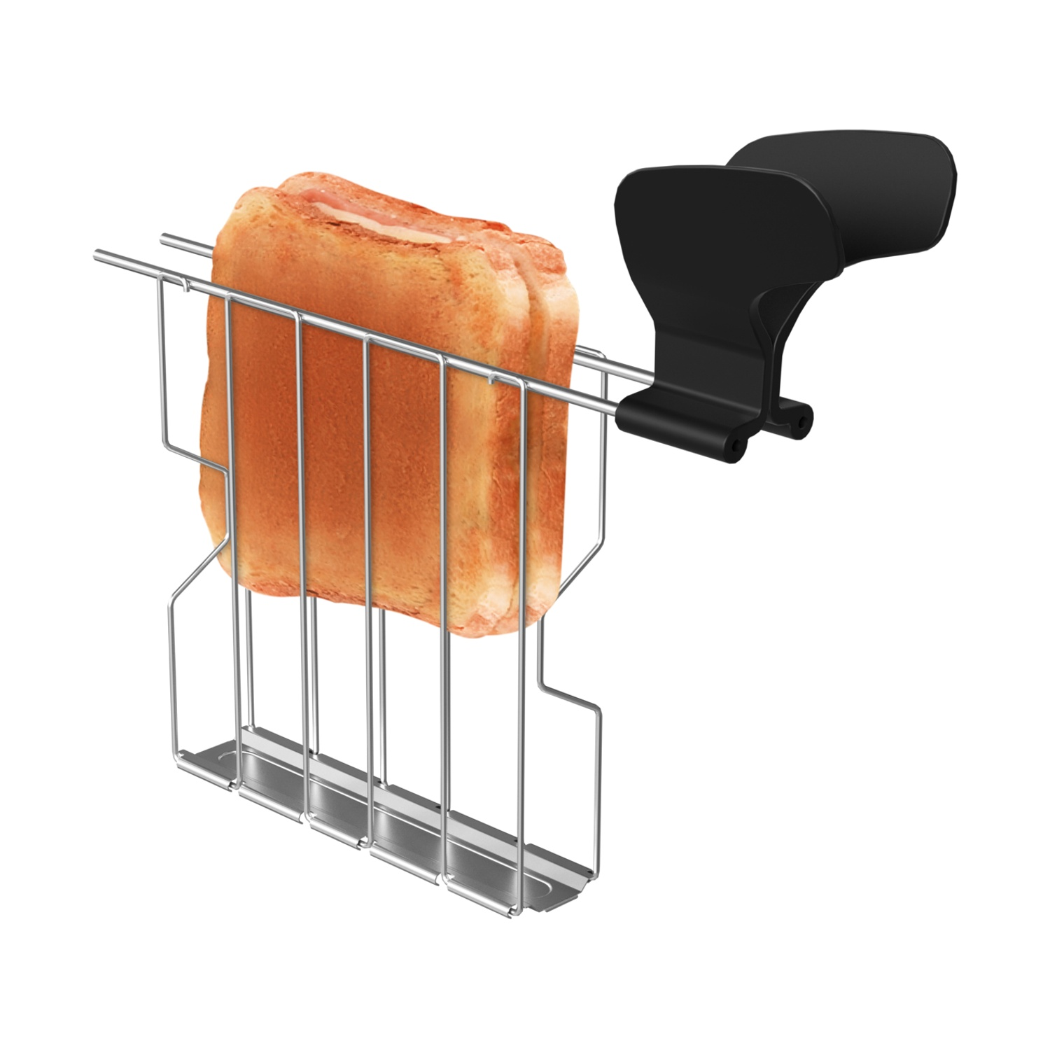 Un tostapane con due fette di pane tostato all'interno di una gabbia di metallo. Ha un manico nero laterale.