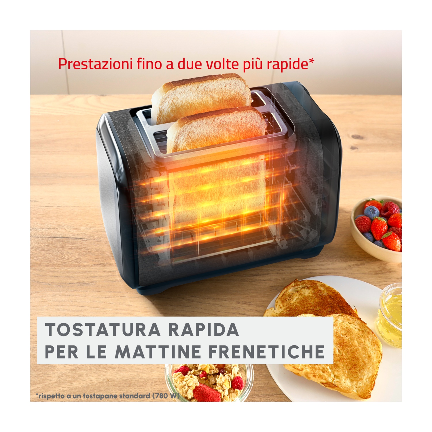 Un tostapane con due fette di pane, con testo sulla tostatura veloce. Ci sono anche frutta, cereali e pezzi di toast.