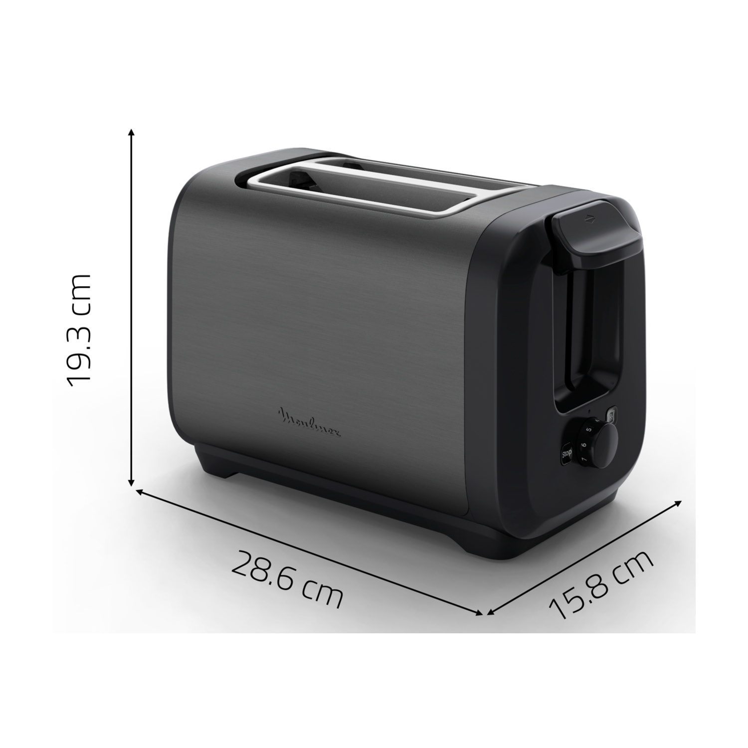 Un tostapane nero e grigio con dimensioni: 19,3 cm altezza, 28,6 cm lunghezza e 15,8 cm larghezza. Logo Moulinex visibile.