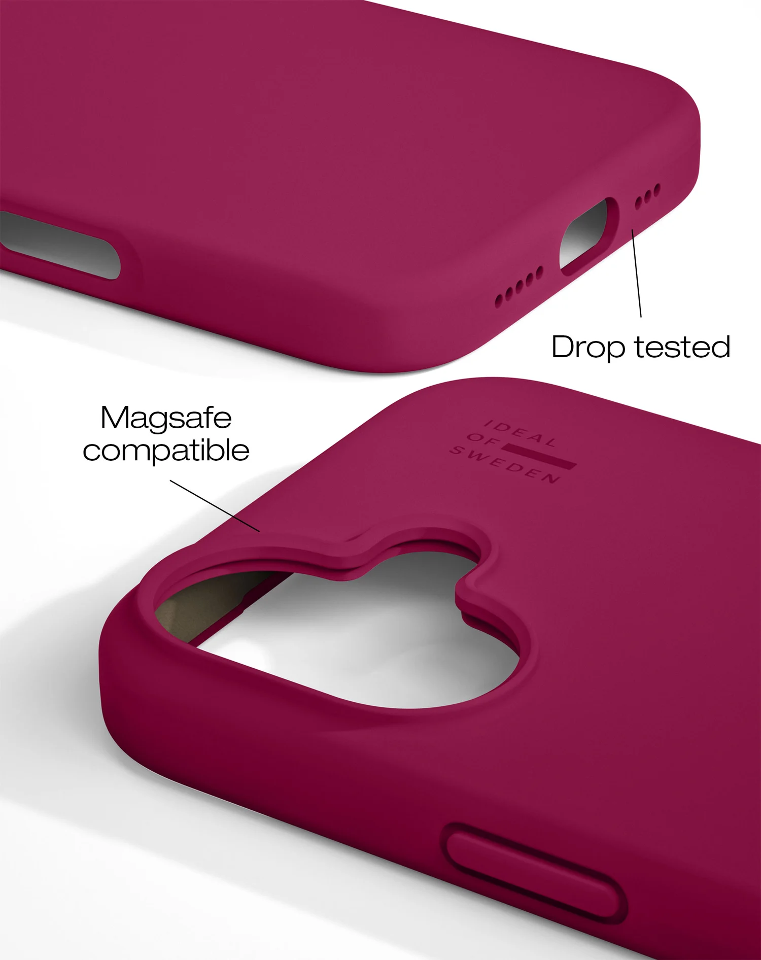 Közeli kép egy magenta telefon tokról, rajta a 'Magsafe compatible' és 'Drop tested' feliratokkal.