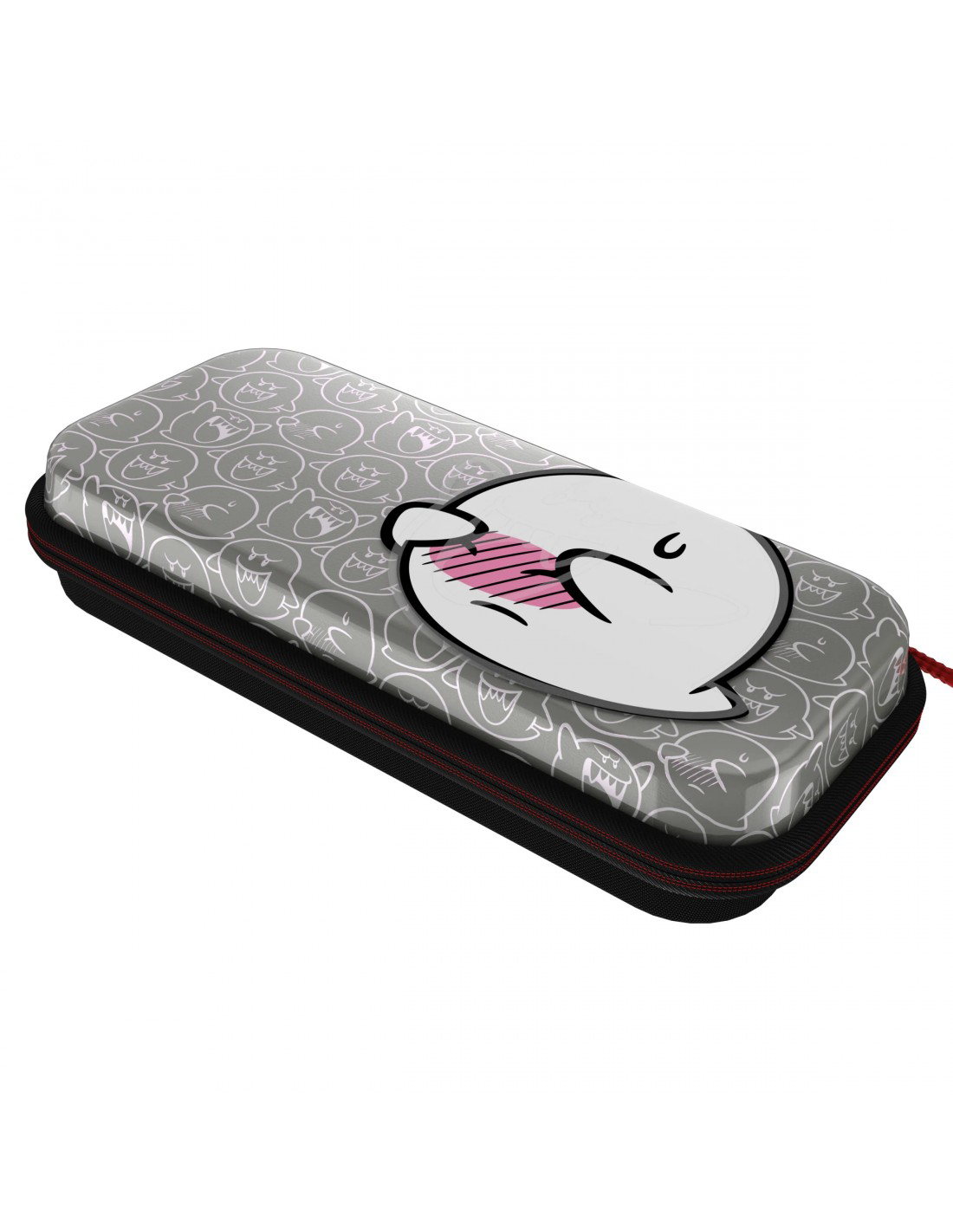 Una funda gris para Switch con un diseño de fantasma sonrojado. La funda es rectangular con un borde negro y una cremallera roja.