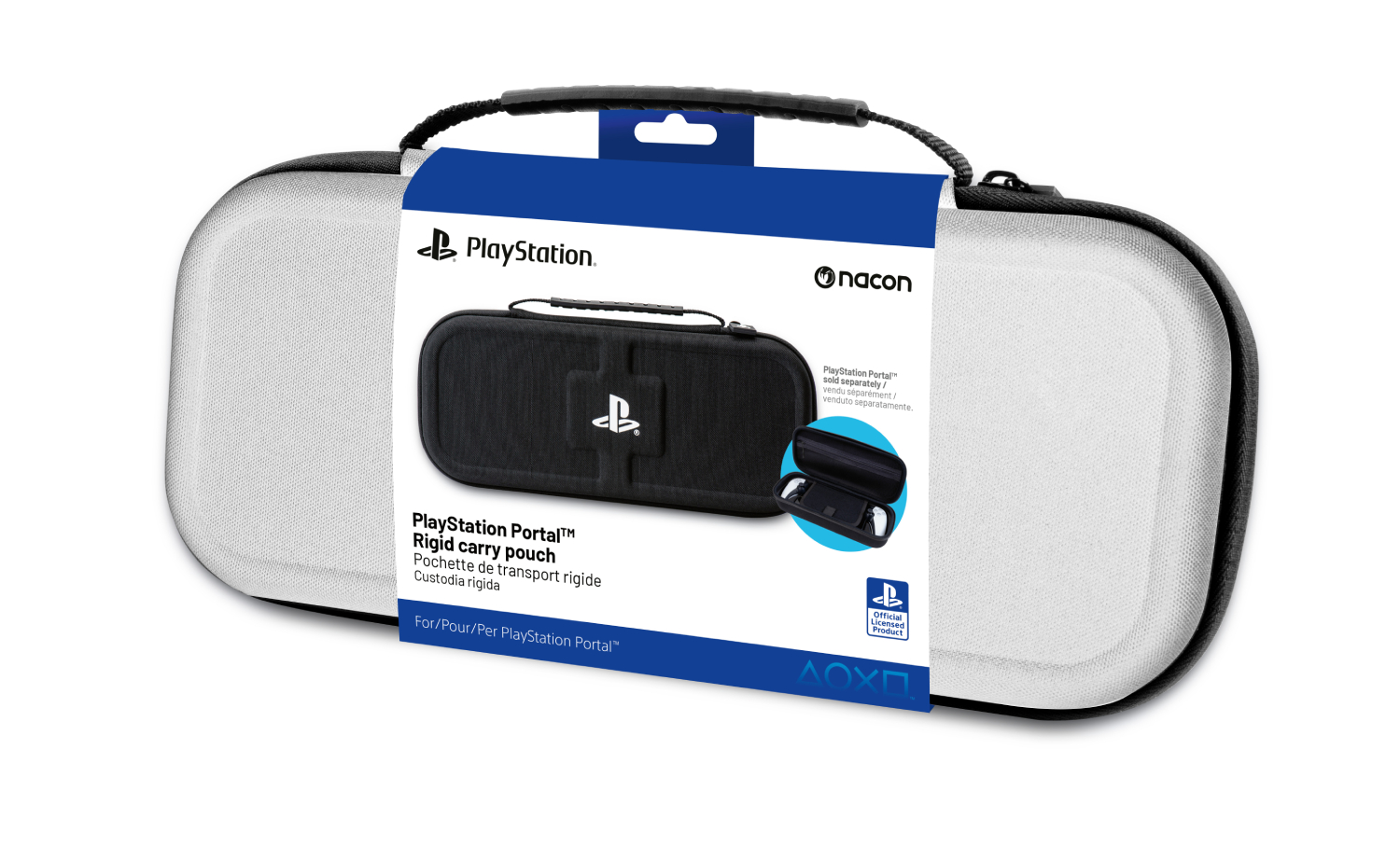 Una funda rígida de transporte PlayStation Portal blanca y negra. Tiene un asa. La funda está en una caja blanca con el logotipo de PlayStation.