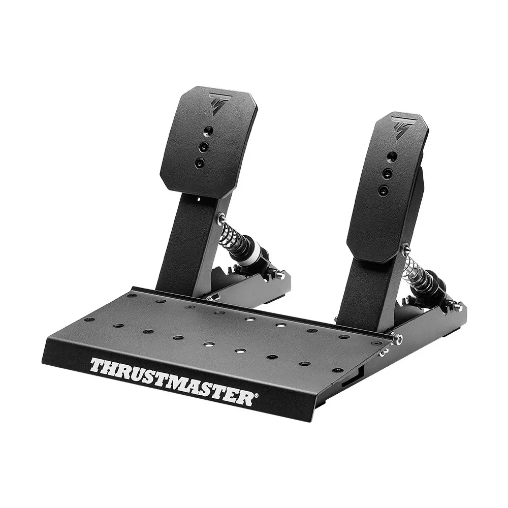 Juego de pedales Thrustmaster negro. Dos pedales con muelles, montados en una base. Marca visible.